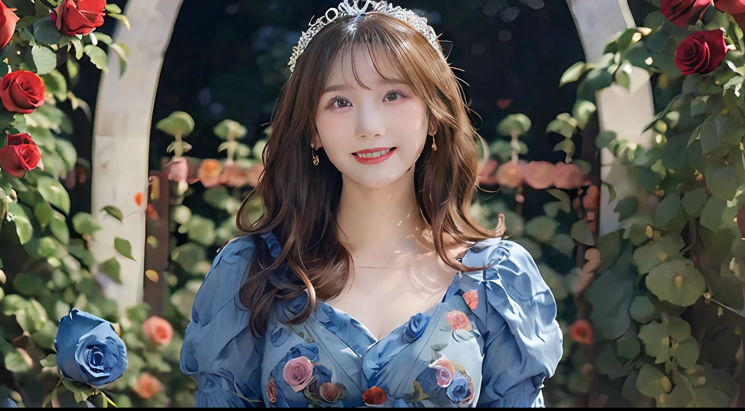 best quality, masterpiece, ultra high res, (photorealistic:1.4), RAW photo,cinematic lighting,(a japanese girl:1.5),solo,20 years old,big breasts,(detailed beautiful face:1.5),(real skin:1.5),(slender,thin legs:1.3),(big eyes:1.3),(smiling:1.3),(brown wavy hair:1.5),(Princess,gorgeous dress,tiara:1.5),BREAK,(in garden,arch blue roses:1.8),(millions of blue rose flowers:1.5),(gate decorated with roses:1.8),(circle of roses:1.5),