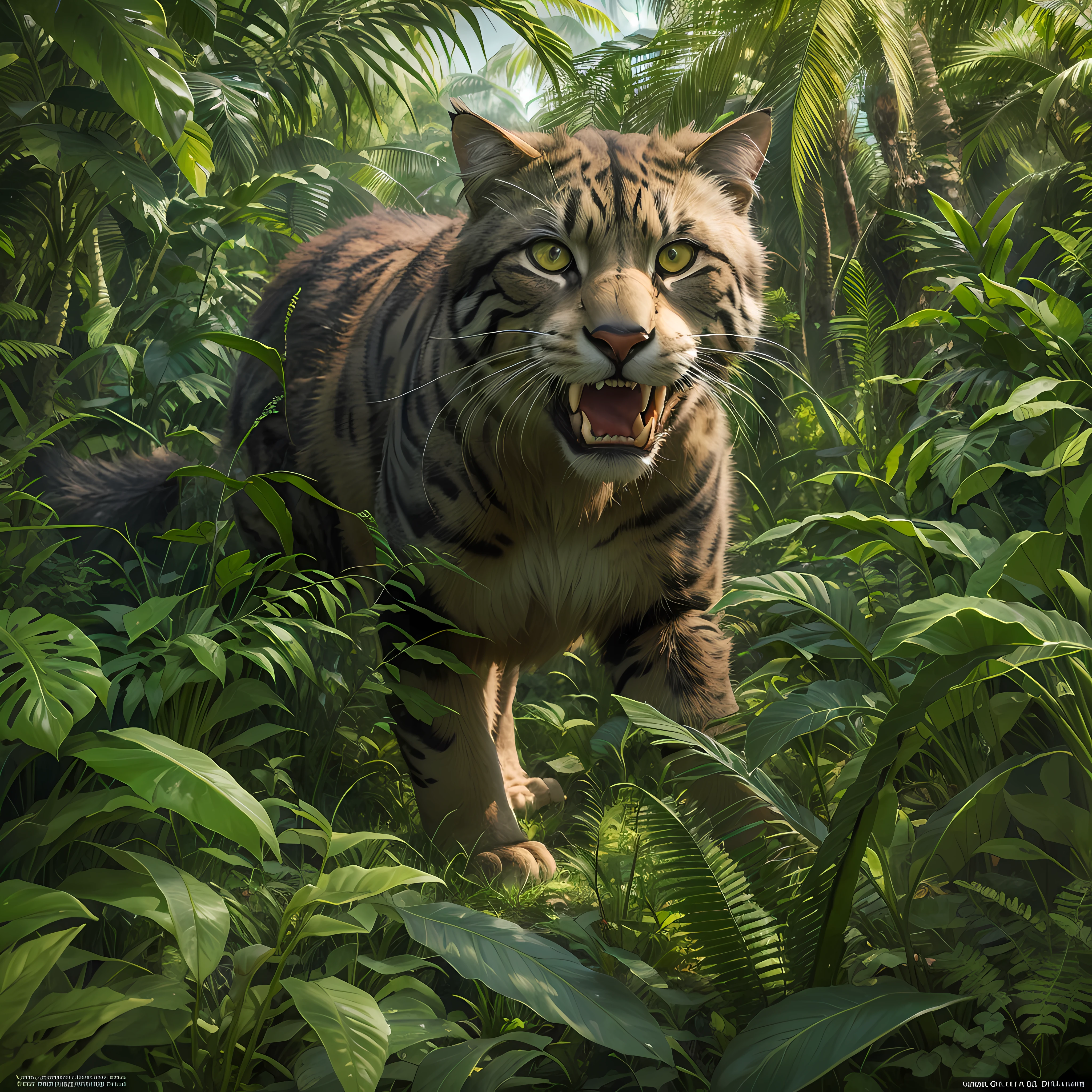 a big saber-toothed cat lurks in the lush vegetation of a dense jungle. Realistic.