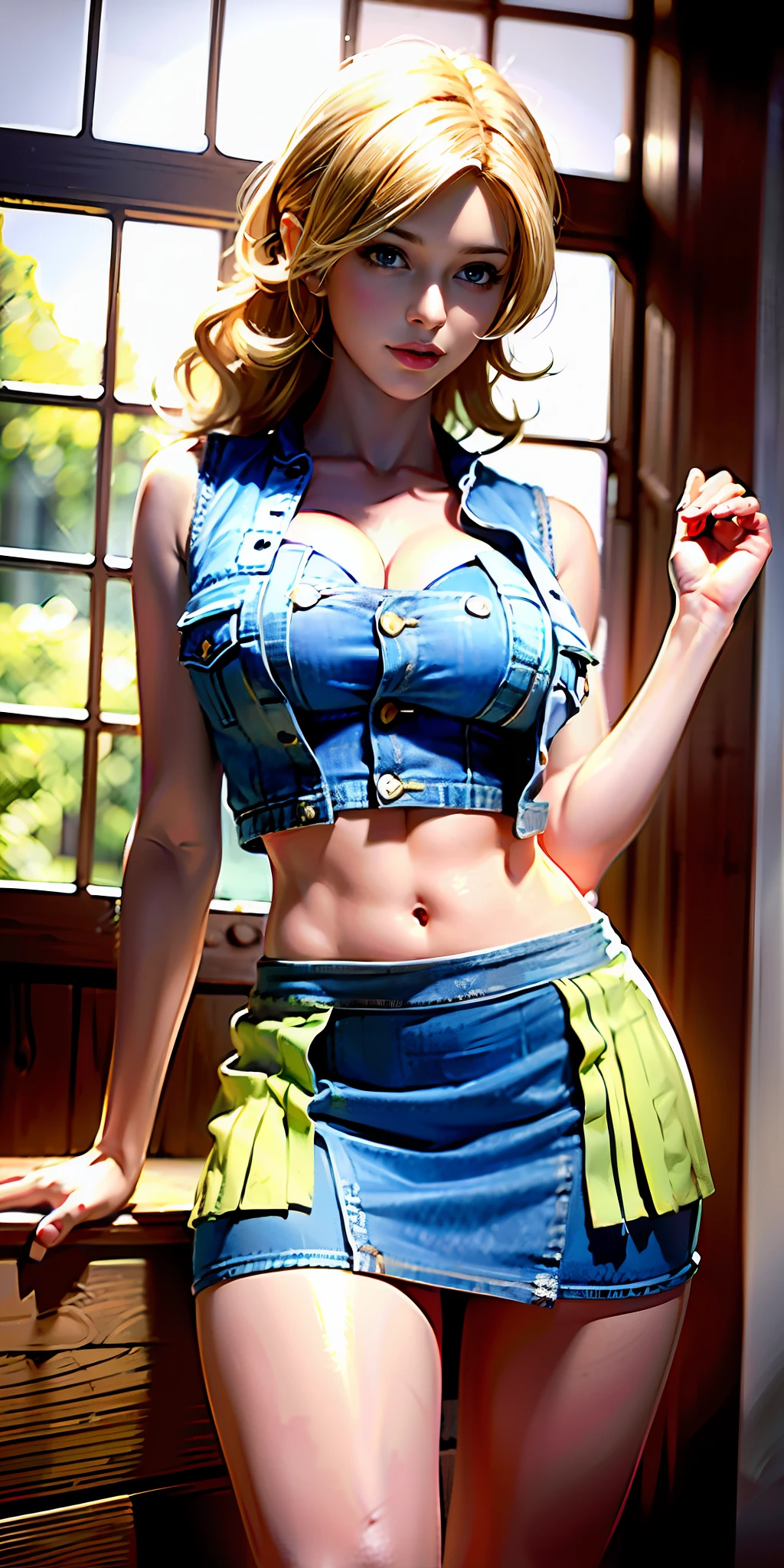 (Masterpiece: 1.4, Best Quality), (Intricate Details), Unity 8k wallpaper, super detailed, beautiful and beautiful, perfect lighting, (1 girl), (blonde hair, black eyes, big breasts), dynamic pose, dynamic angle, lipstick, big breasts, detailed background, realistic, solo, perfect detailed face, detailed eyes, highly detailed, blush, hair accessories, smile, (denim vest, no underwear, open vest, exposed internal test breasts: 1.5), exposed navel, (super short denim skirt:1.5), thin waist, big ass, standing, (Long wavy, curly, long wavy), long hair, femininity, knees