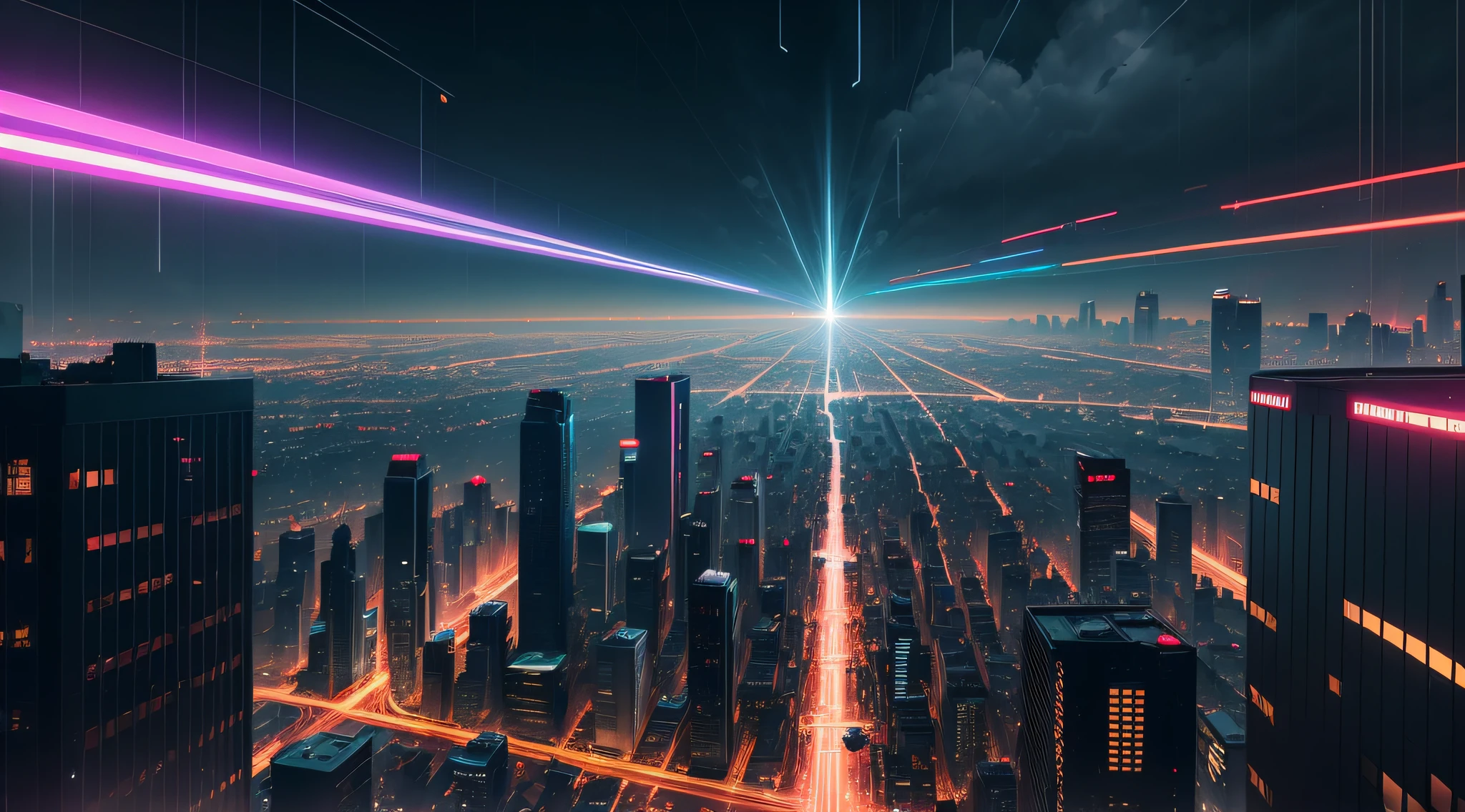 city, street, skyscraper, fences, ray tracing, chiaroscuro, highres, game cg, letterboxed, cyberpunk, science fiction, night, rainy days, psychedelic, chaos, brushstrokes, abstract, printed circuit board --auto