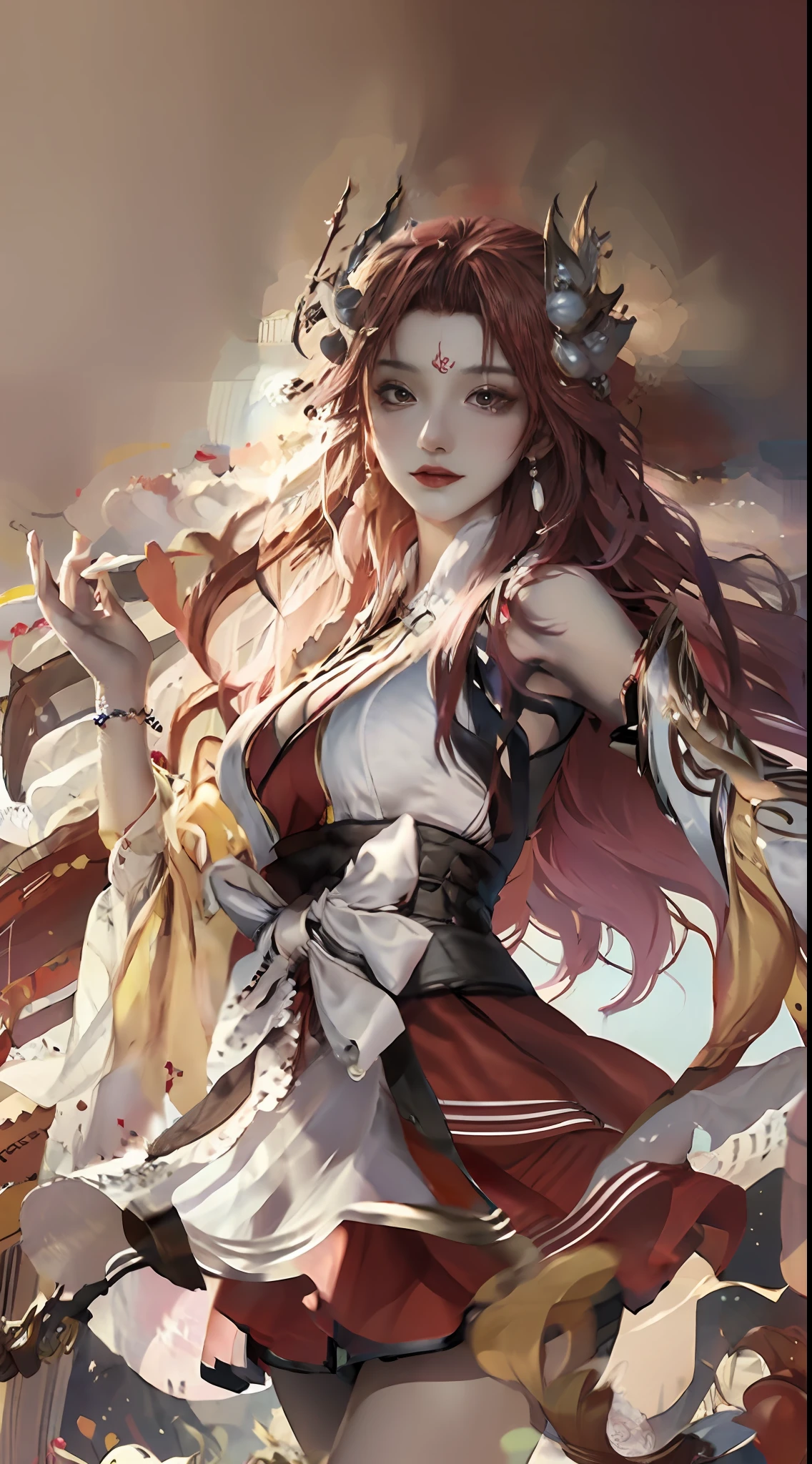 offcial art,统一 8k 壁纸,ultra - detailed,Beauty and aesthetics,tmasterpiece,best qualtiy,(zentangle,tangle,entangle),(s fractal art:1.4),(The character is centered:1.3),1girl,red tinted hair,chineseidol,cropped shoulders,short skirt,small thighs,nabel,The is very detailed,dynamic angle,cowboyshot,(Chaos in its most beautiful form),flowy,(vivd colour),OC,(A half body:1.2),Chinese big breasts,(thangka flying sky:1.5),(ribbons:1.3),(dream magical:1.5),(Hanfu:1.5),chinesedragon,Chinese Phoenix,(ssmile:0.5 ),(chinese deity),