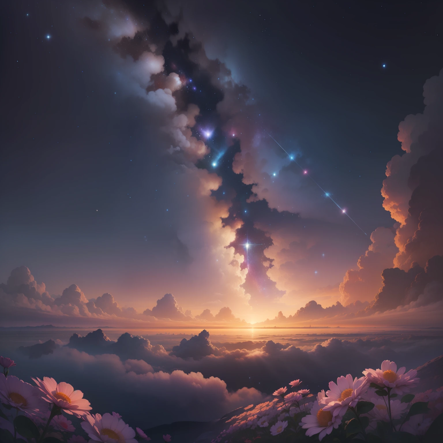 Masterpiece, best quality, vast starry sky, blooming in the depths of the universe with fantastic beauty