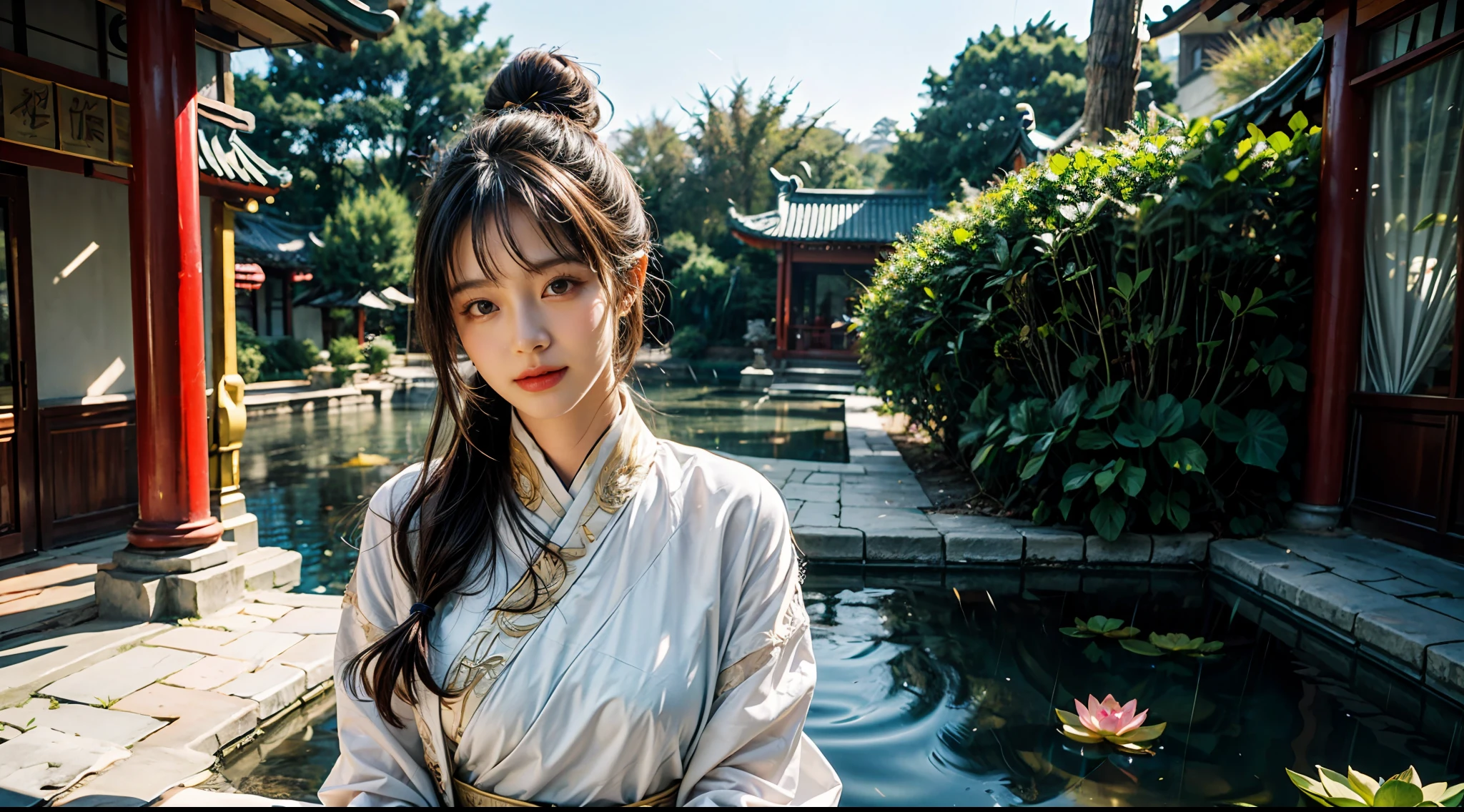 realistic, big vista, wide angle lens, intricate details, super detailed, natural skin texture, 1 girl, hair bundle, bun, beautiful Chinese woman in white hanfu robe cloak, fairy, white mist, golden light, white mist, outdoors, in Hangzhou West Lake, in ancient Chinese pavilion, (colorful, vivid, sunny, cool light: 1.2) lotus leaves in pond, delicate facial details, dynamic poses, exquisite details, wide view, epic details, global illumination - ar 3:2 - Q 5 - V 5.1 - Style RAW-S 750, style influenced by ancient Chinese art, complex, high detail, sharp focus, dramatic, photorealistic painting art, lotus leaf, spring rain, bright, light, atmospheric, bright tones of spring, super detail, 16k, best quality, soft light, space, crystal clear, natural light, surreal photography,