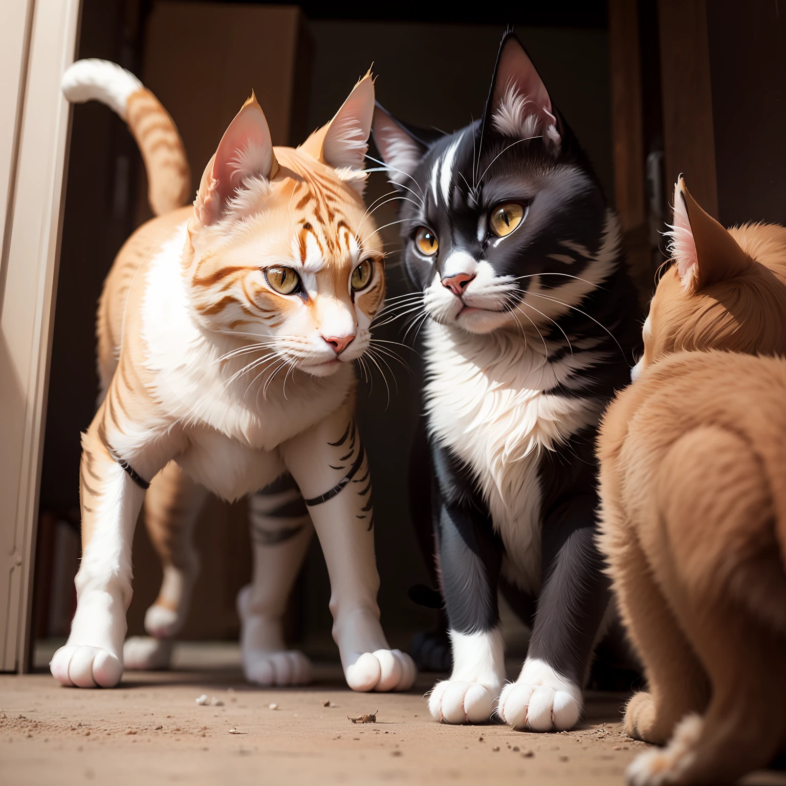 cats and dogs are playing, real photo, with a girl, --auto