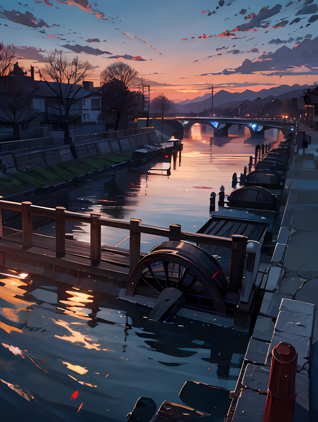 Sunset, wind up, river, stone pier, chill,water wheel, HD 8k, masterpiece, no human in this scenary
