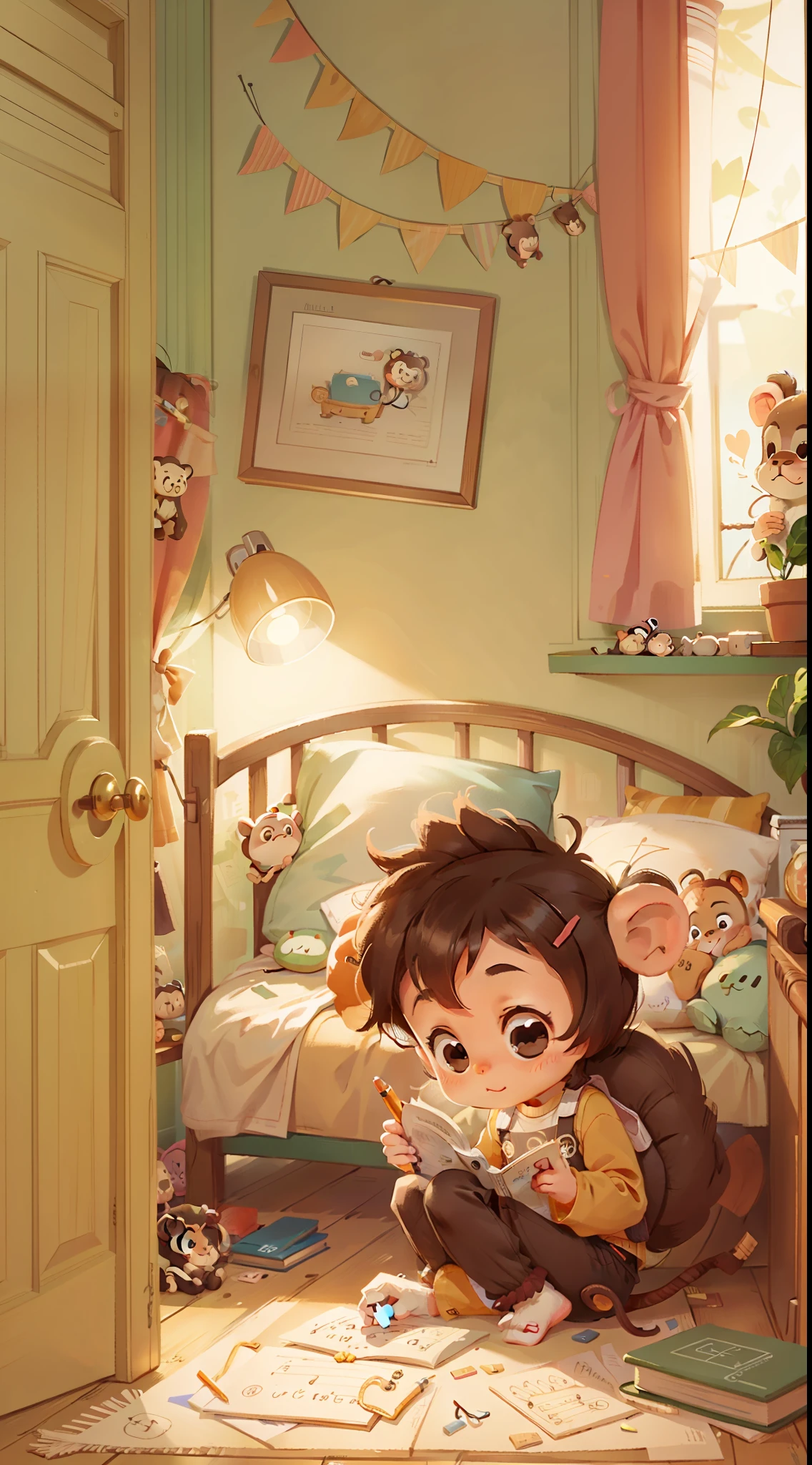 Cute  monkey writing in bedroom