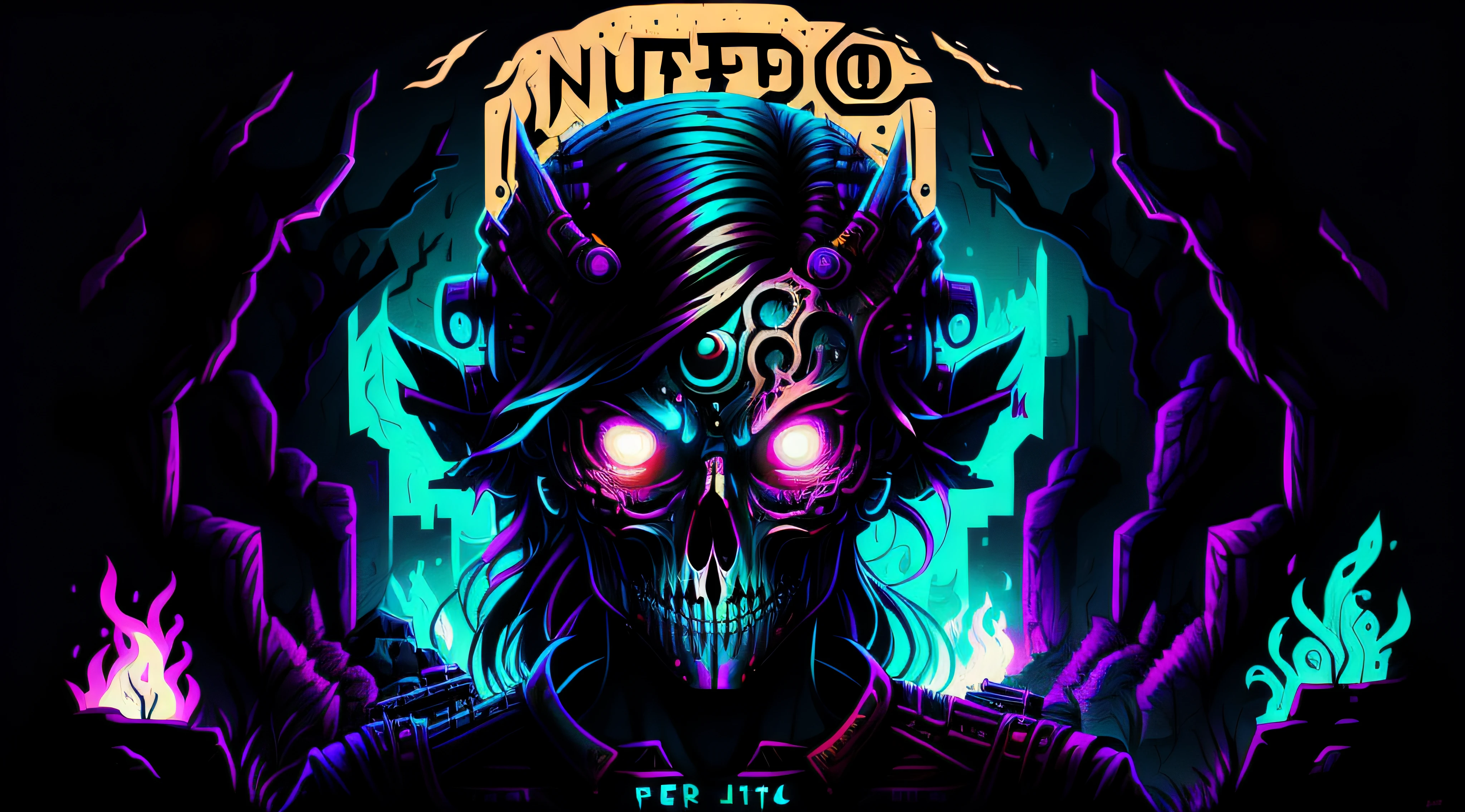 NeonMutação, skull, she's coming for you, de perto, caverna,, olhos brilhantes, (de perto:1.3)