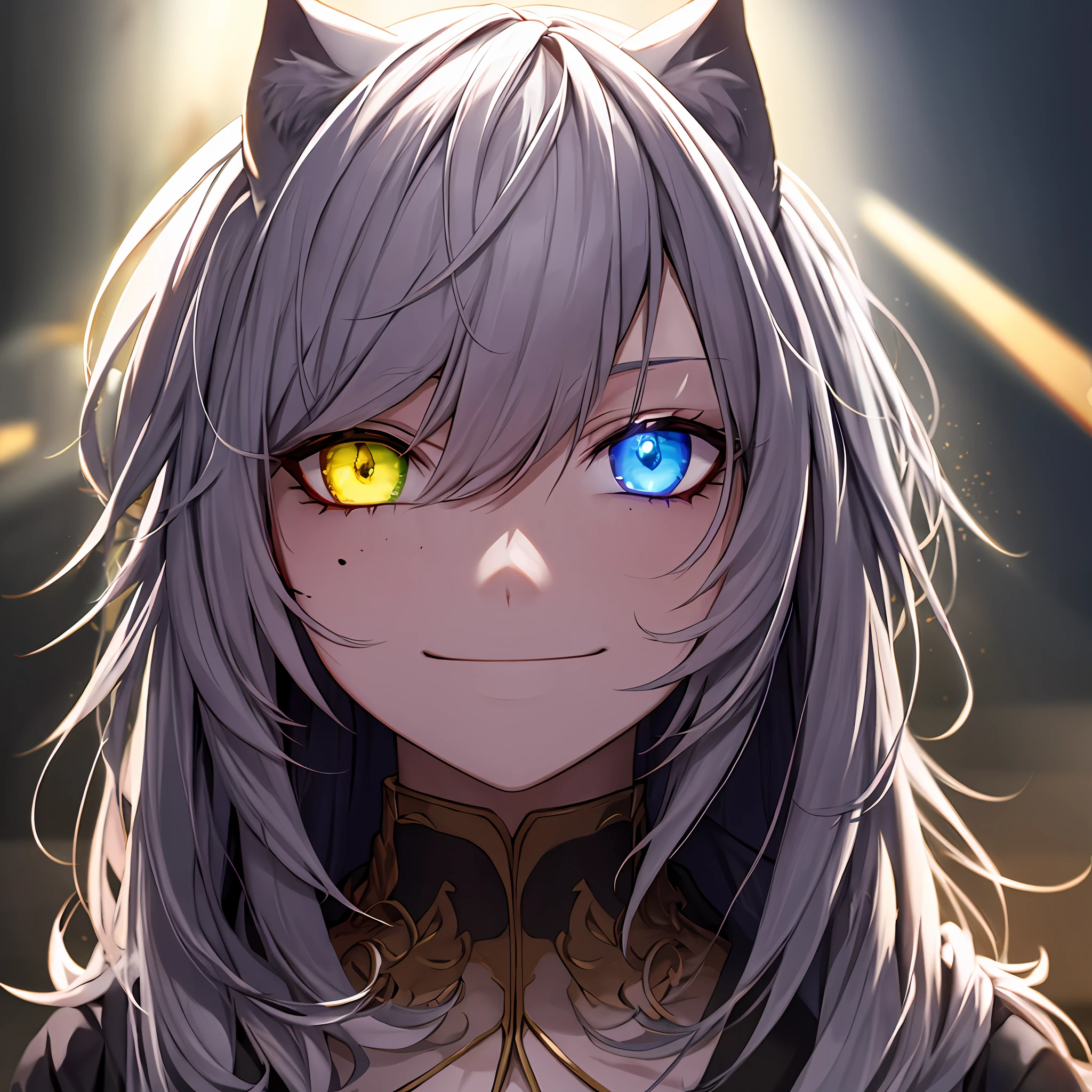 Messy hair, hair adornments, Moles under eyes, furrowed brows, Raised eyebrows, Heterochromia, Animal ears, Light smile, Anime style, Pointillism, god light, Glowing light, Cinematic lighting, 8K, Super detail, hyper HD, Masterpiece, Textured skin, Anatomically correct, Super detail, High details, High quality, Award-Awarded, Best quality, A high resolution --auto