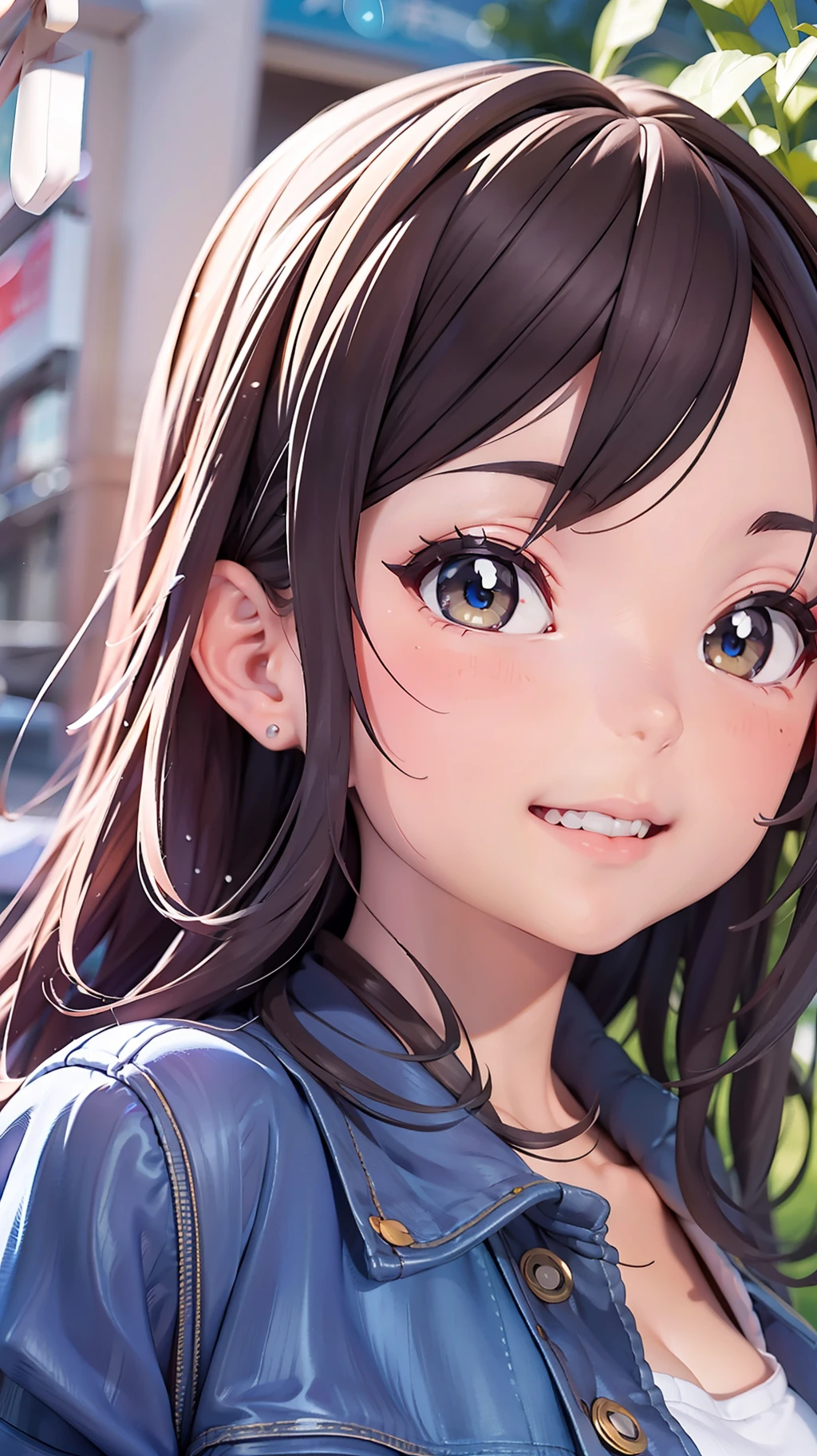um closeup de uma pessoa usando uma jaqueta e jeans, Anime estilo 3D, feito com anime painter studio, personagem estilo anime, Estilo de anime 3D realista, Ilya Kuvshinov com cabelo longo, photorealistic anime girl rendering, retrato de personagem de corpo inteiro, menina de cabelo preto vestindo capuz, sorriso lindo,pintado em anime painter studio |, Retrato de corpo inteiro do personagem, arte oficial altamente detalhada