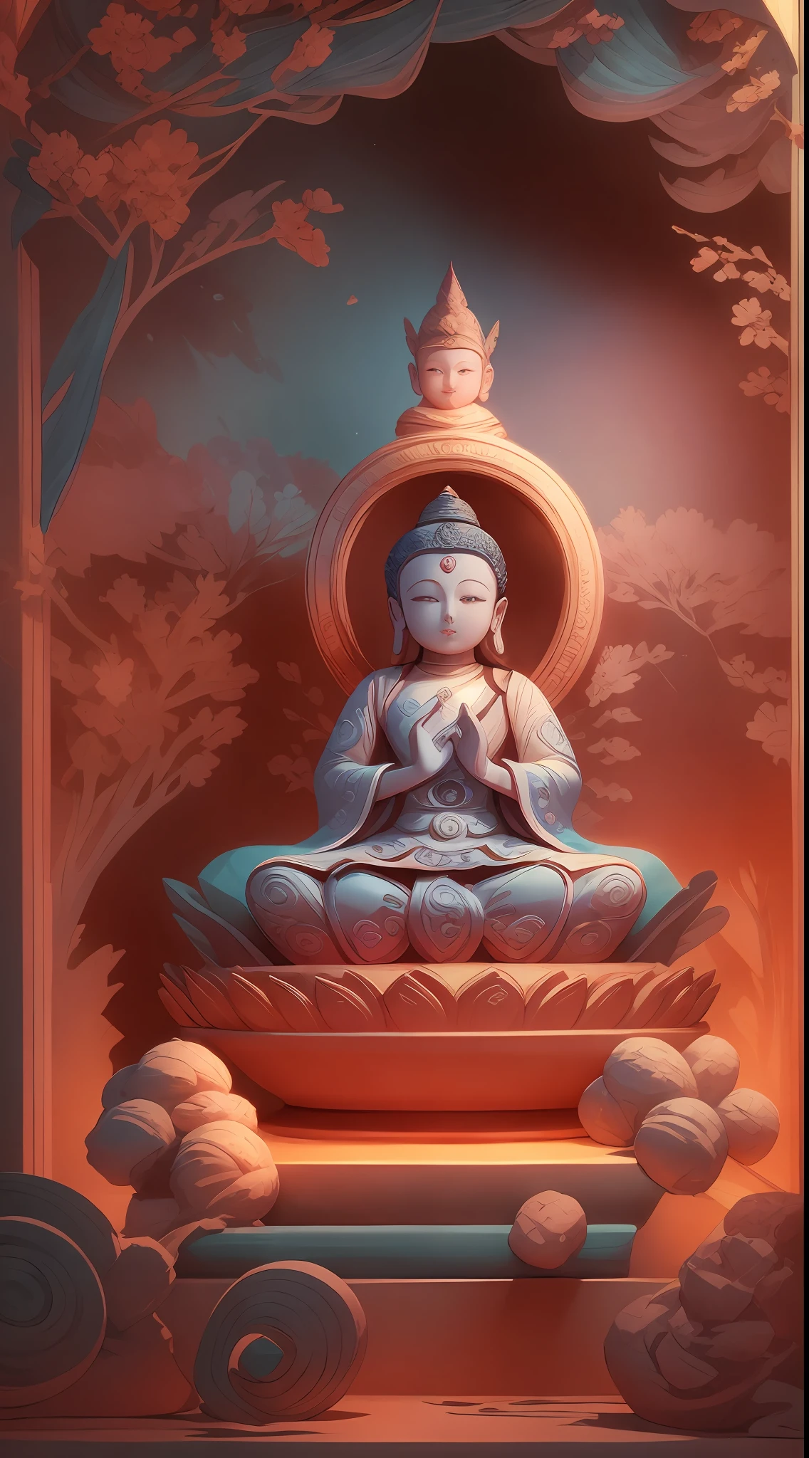 illustration: 1.3), paper art, 3D rendering of, Colorful background, （cute female child: 1.3), (Masterpiece Buddha statue: 1.2) ), Colorful, Best quality, Detailed details, Masterpiece, offcial art, movie light effect, 4K, Chiaroscuro , Flash
