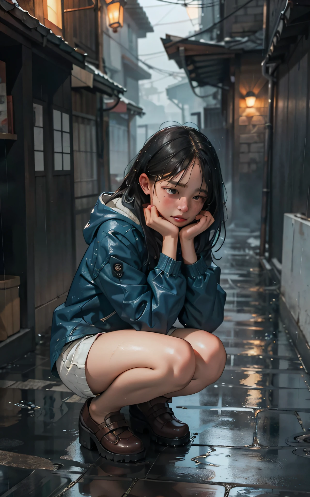 （tmasterpiece：1.2，best qualtiy），（Real pictures，intricately details），（the night，darkly，heavy rain poured：1.4）
The alley was empty，the surroundings were silent，only the raindrops sprinkled on the tile eaves of the low houses near and far，making a slight rustling sound。In the cold rain，（1girll，Wet hooded jacket，grieves，Tears，trembling：1.2）squatting on the ground，stocklings，Details of the hand