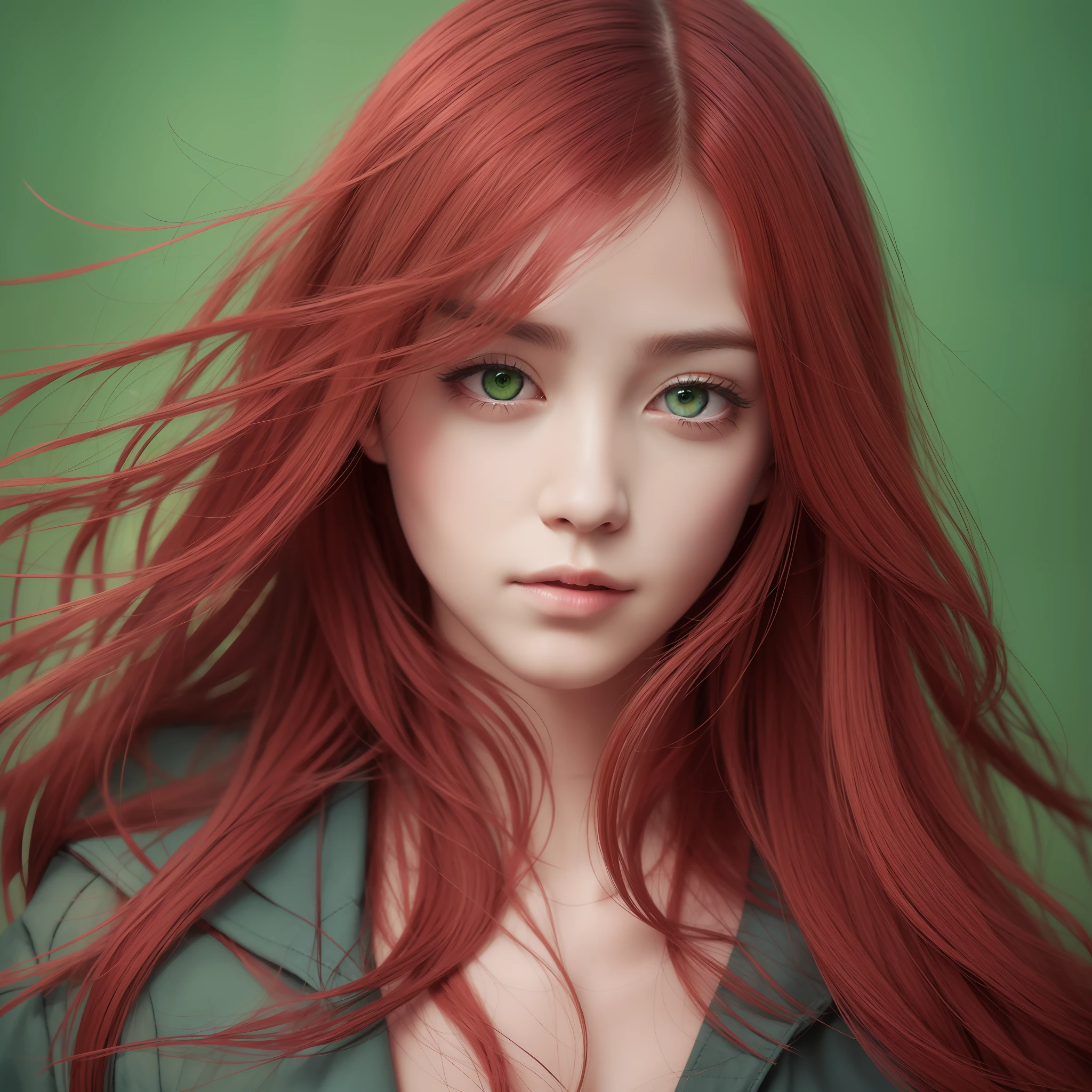 Female, long hair, red hair, green eyes, wear jacket, smooking.