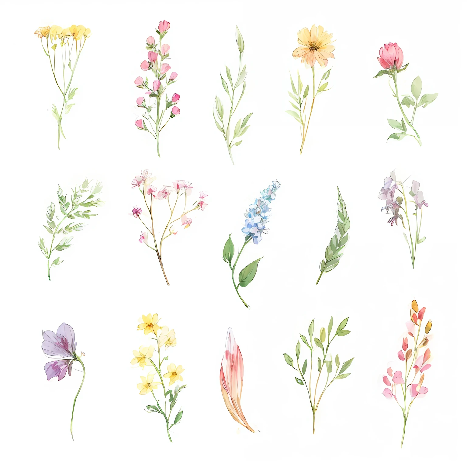 Close-up of a bouquet of flowers on a white surface, botanical watercolors, herbs and flowers, flower elements, Flowers and plants, delicate garden on paper, plants and flowers, Watercolor illustration style, detailed beautiful plants, Watercolor painting style, wildflowers, spring flowers, Watercolor illustration, Field flowers, soft flowers, flowers and stems, botanical background, aquarelle