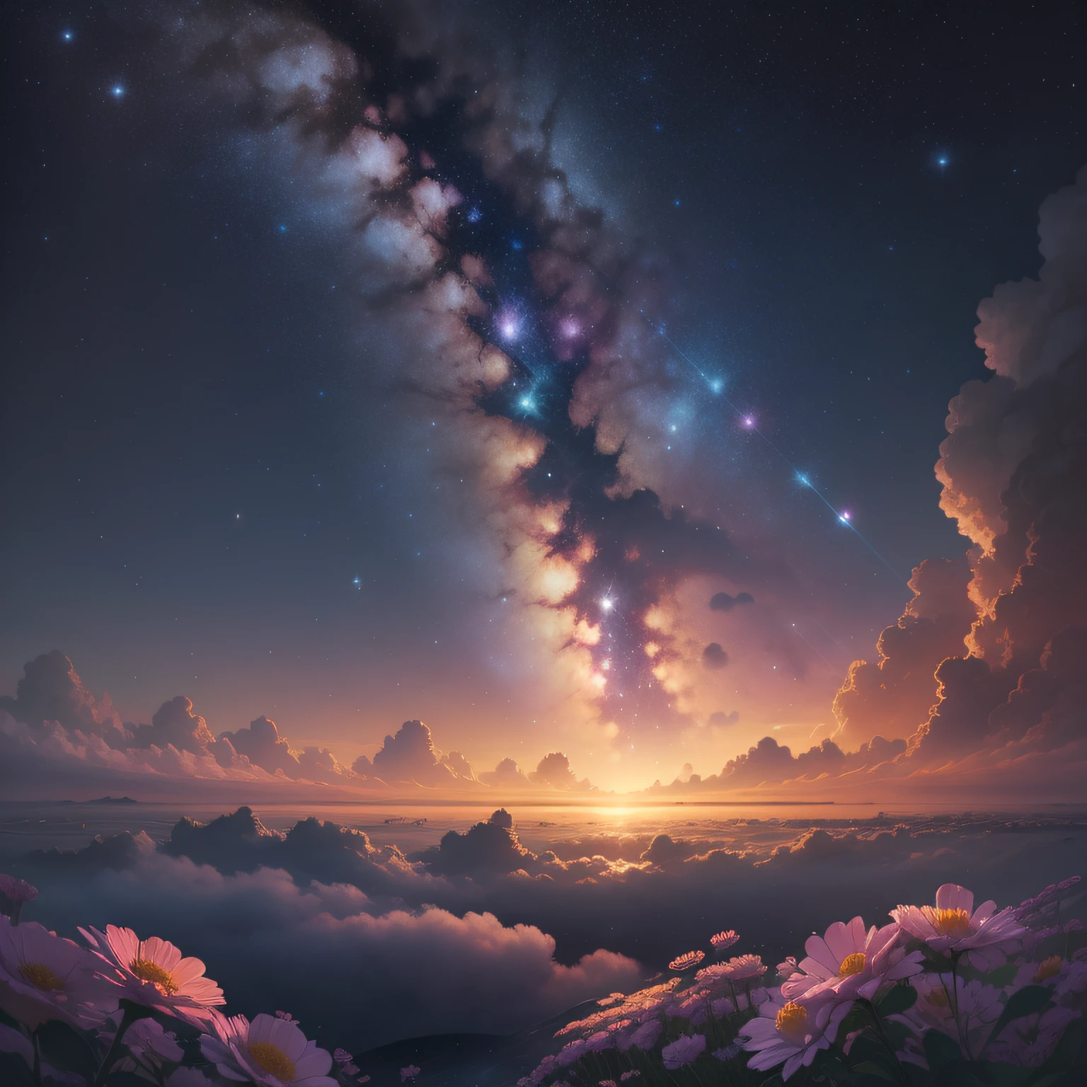 Masterpiece, best quality, vast starry sky, blooming in the depths of the universe with fantastic beauty