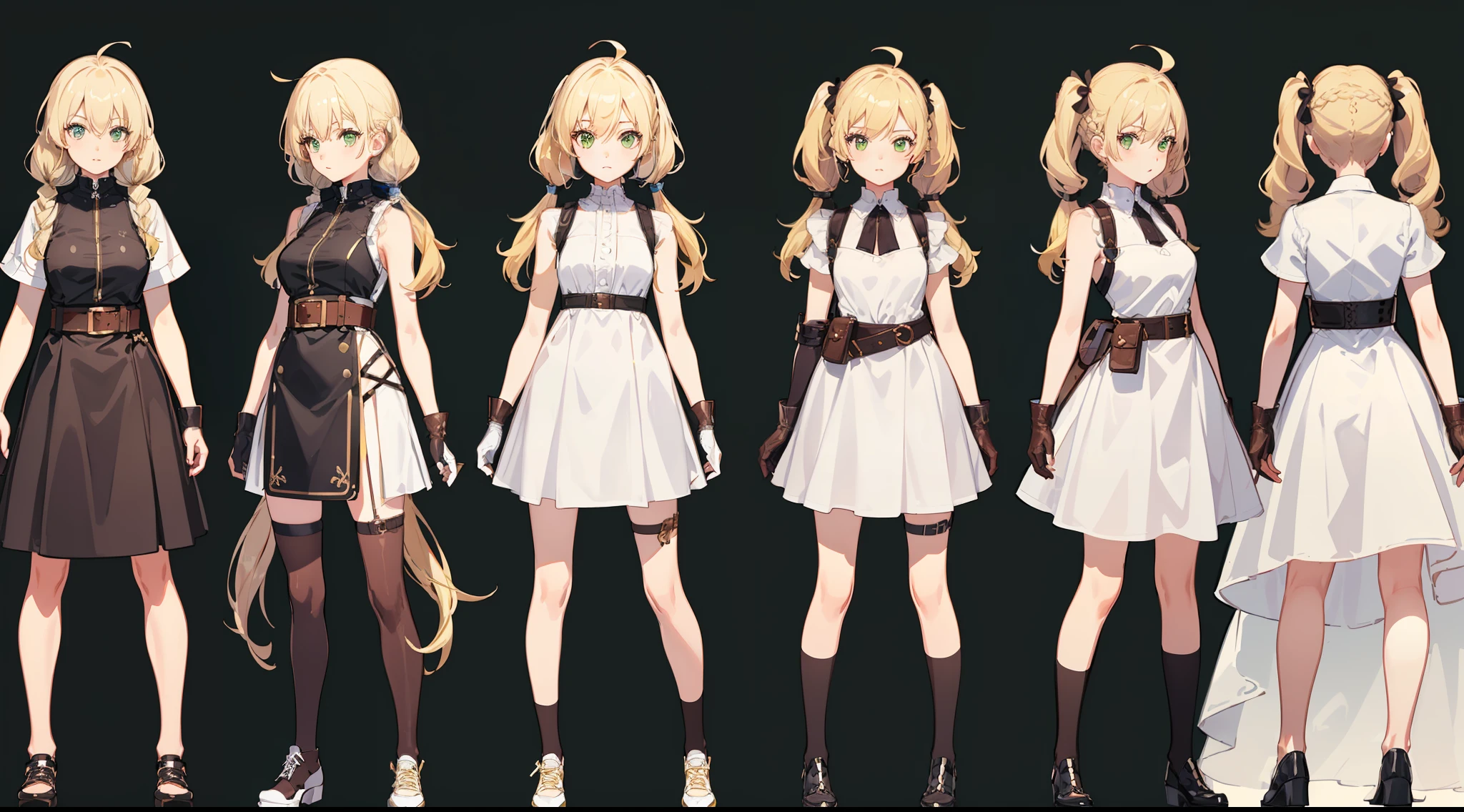 (Masterpiece: 1.4), (Best quality: 1.4), 8K, HD, ultra clear,blueprint,(multi angle),(reference sheet)(((full body character turnaround of 1girl)))(Petite:1.4 ), ((Blonde hair:1.4),Wavy hair, Hair Between Eyes, ((low twintails:1.4)), Braids , side locks, Ahoge, flipped hair )hair ornaments,(Green eyes:1.2) ,Steampunk, (London street fashion:1.1)engineer,(white sleeveless sundress:1.4), Belt, Bracelet , (Leather gloves:1.4)(thigh strap)(simple background, white background:1.3),