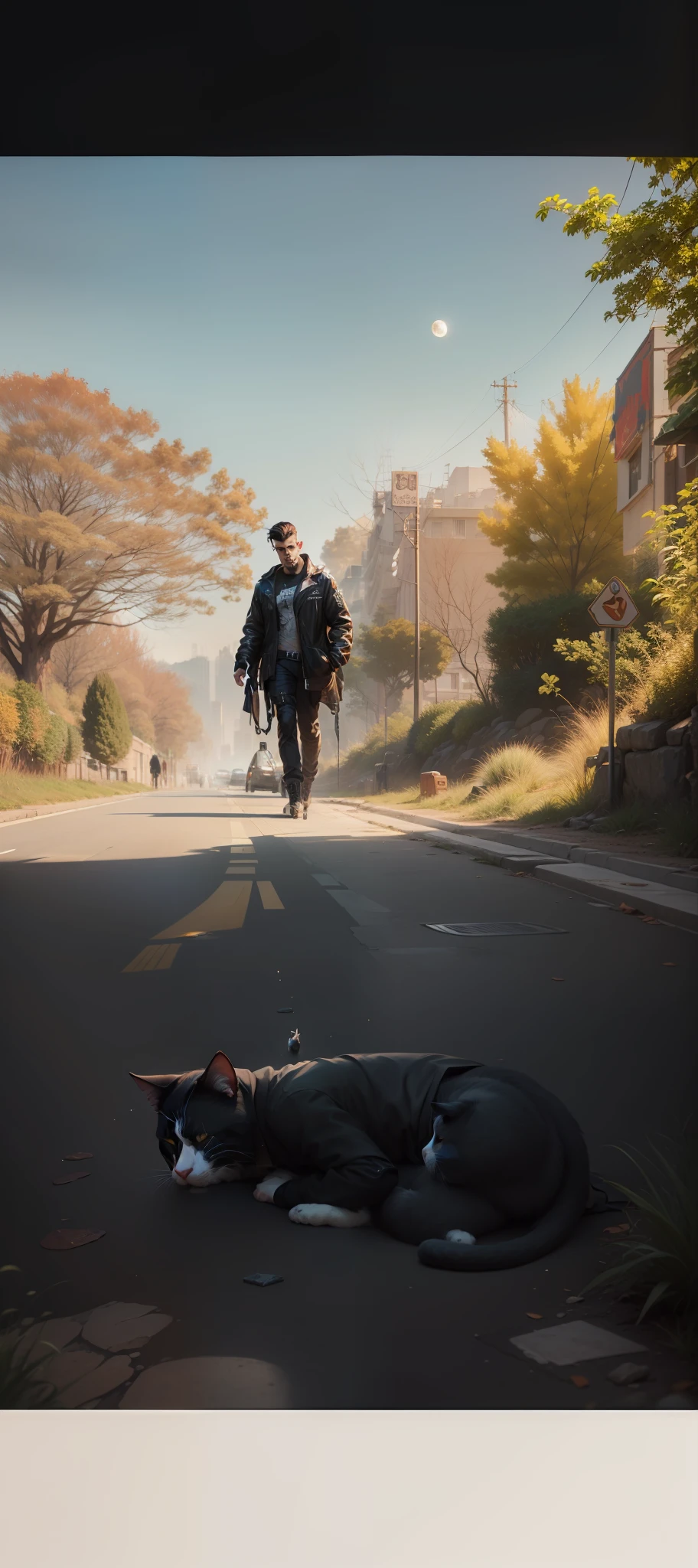 Cyberpunk handsome boy, realistic, 4k with cat, black jacket, ultra realistic, moon