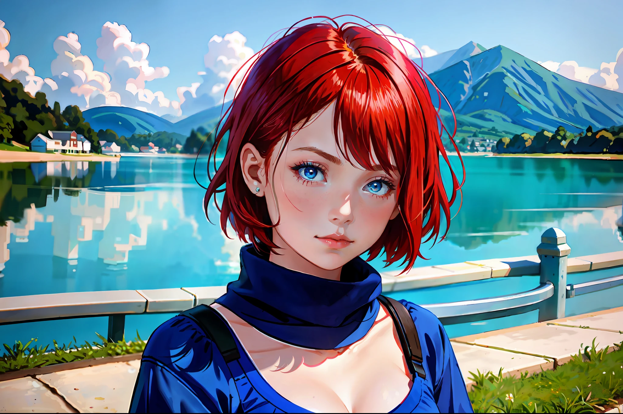 there is a young girl with a short hair and a blue shirt, a redheaded young woman, soft portrait shot 8 k, photo of young woman, perfectly centered portrait, 7 0 mm portrait, red haired young woman, 4 k asymmetrical portrait, head centered portrait, 60mm portrait, landscape