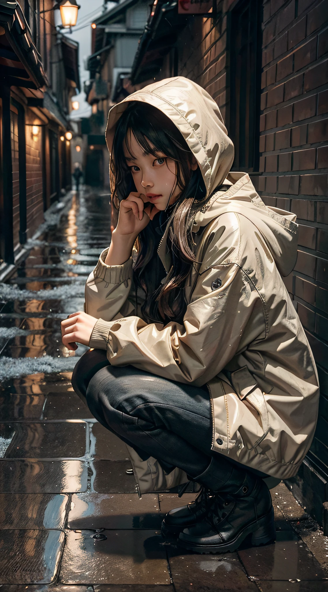 (tmasterpiece:1.2,best qualtiy),(Real pictures,intricately details),(the night,darkly,heavy rain poured:1.4)
The alley was empty,the surroundings were silent,only the raindrops sprinkled on the tile eaves of the low houses near and far,making a slight rustling sound。In the cold rain,(1girll,Wet hooded jacket,grieves,perfect eyes:1.2)squatting on the ground,stocklings