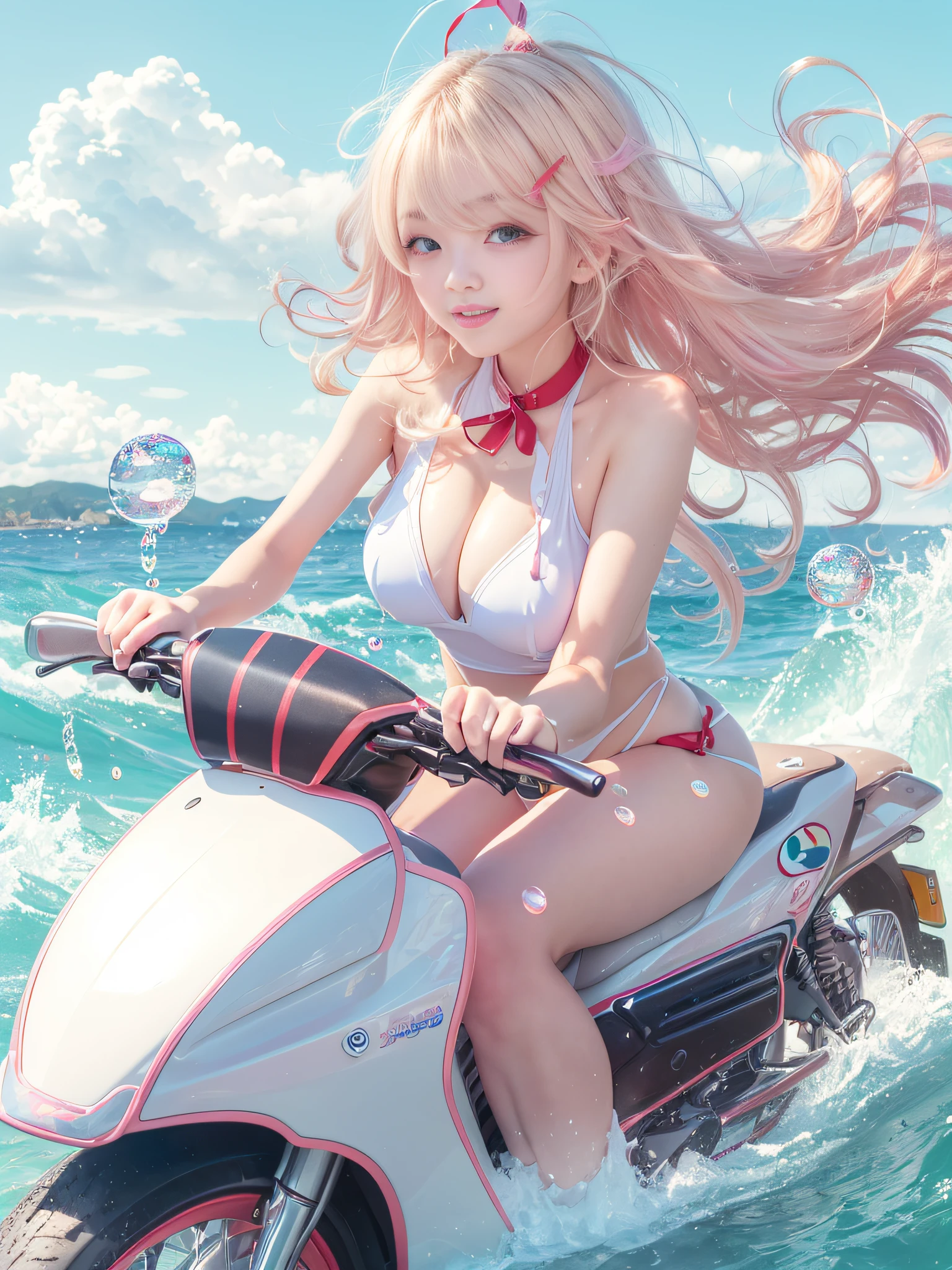 top-quality、超A high resolution、1人、Wearing a white swimsuit、(huge-breasted:1.2)、high-heels, Riding a pink motorcycle, Blonde short hair, , Photo, The background is the sea,Live action,japanes,独奏,Beautiful expression,White stockings,beautiful smiling face,perfect body type,blue-sky,Wave droplets,Red ribbon in hair