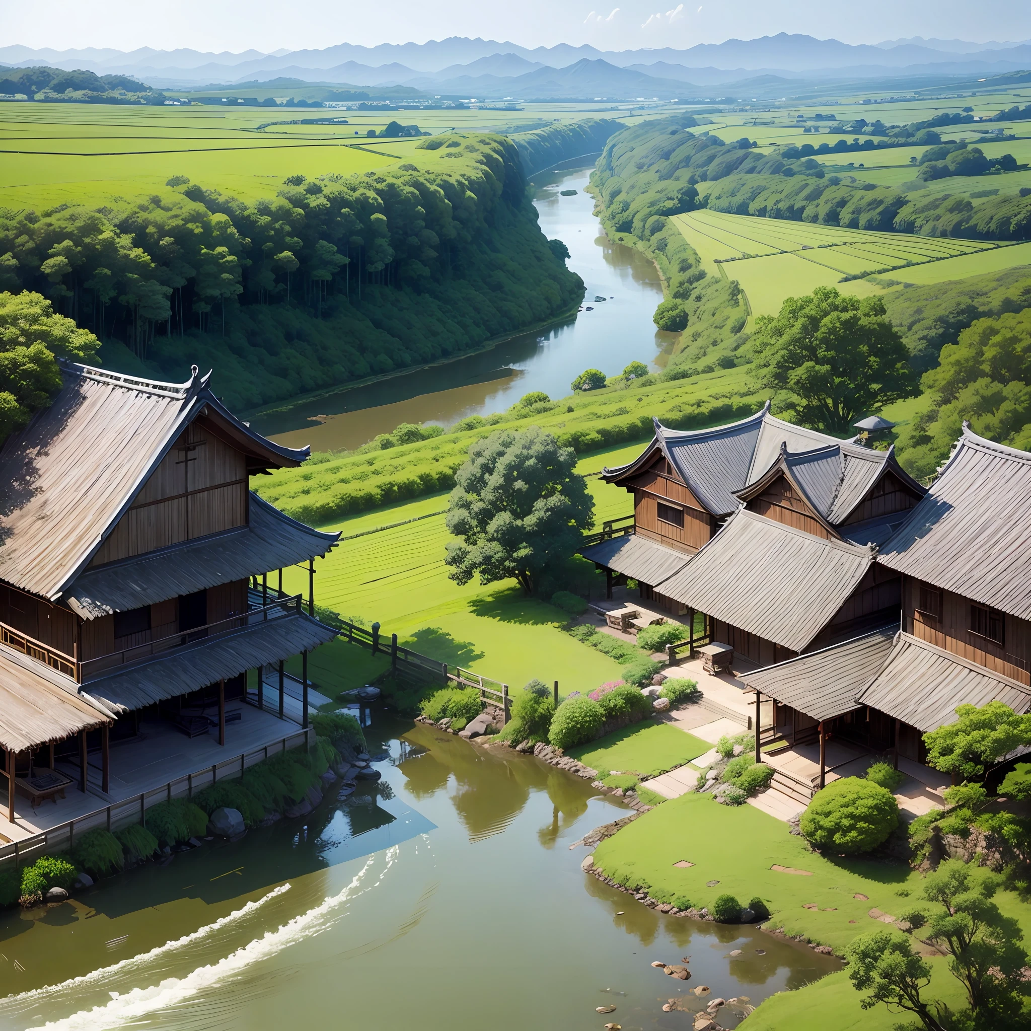 jpn、countryside、Countryside view from veranda、rivulets、Waterwheel、Grandma's house、veranda、Rice ears、Evening glow