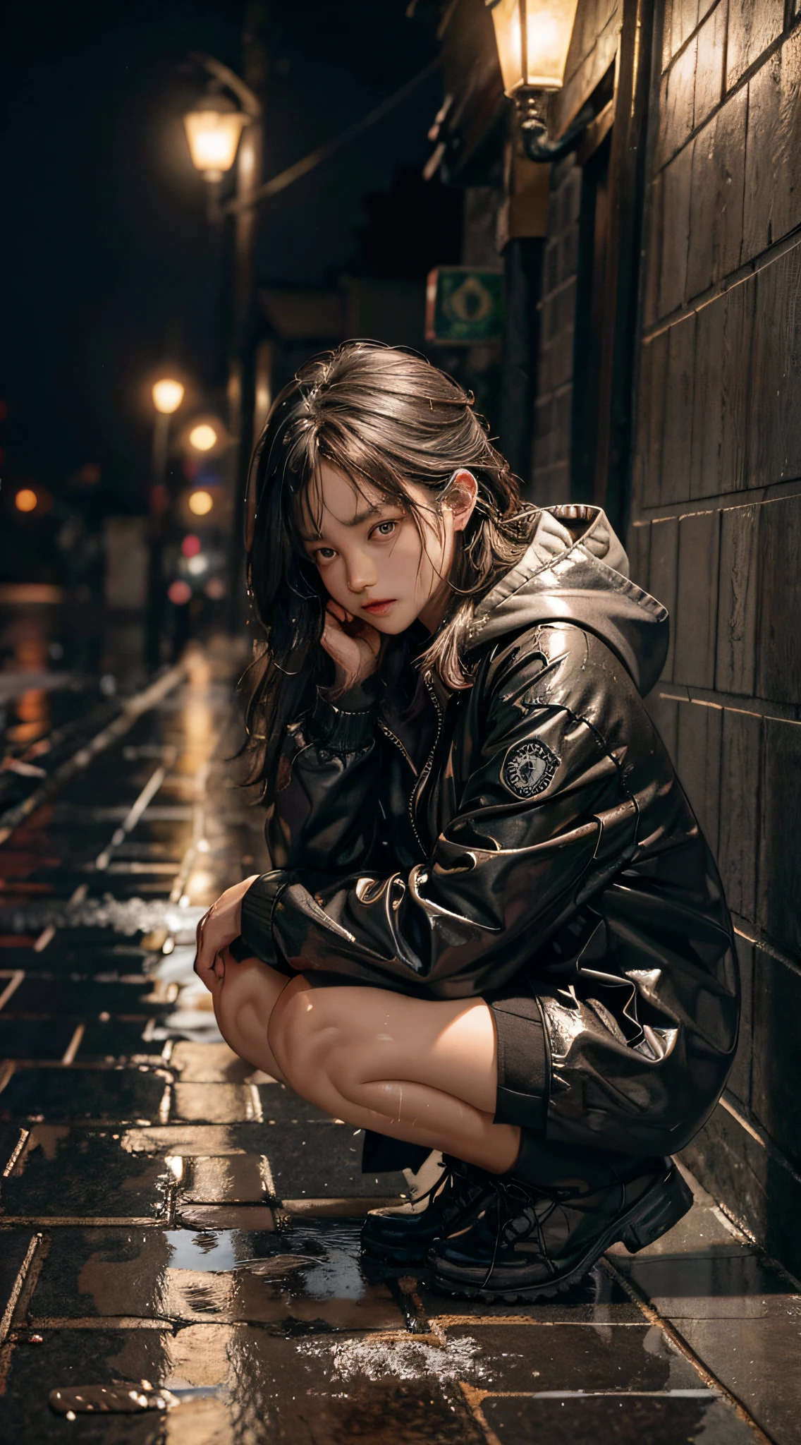 （tmasterpiece：1.2，best qualtiy），（Real pictures，intricately details），（the night，darkly，heavy rain poured：1.4）
The alley was empty，the surroundings were silent，only the raindrops sprinkled on the tile eaves of the low houses near and far，making a slight rustling sound。In the cold rain，（1girll，Wet hooded jacket，grieves，perfect  eyes：1.2）squatting on the ground，stocklings