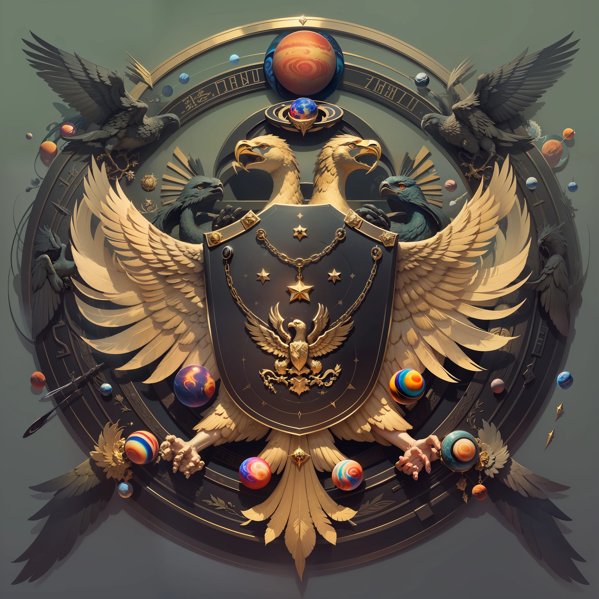 A futuristic representation of the Russian Federation's coat of arms. A sleek black shield adorned with a golden double-headed eagle, (encircled by seven planets:1.4)