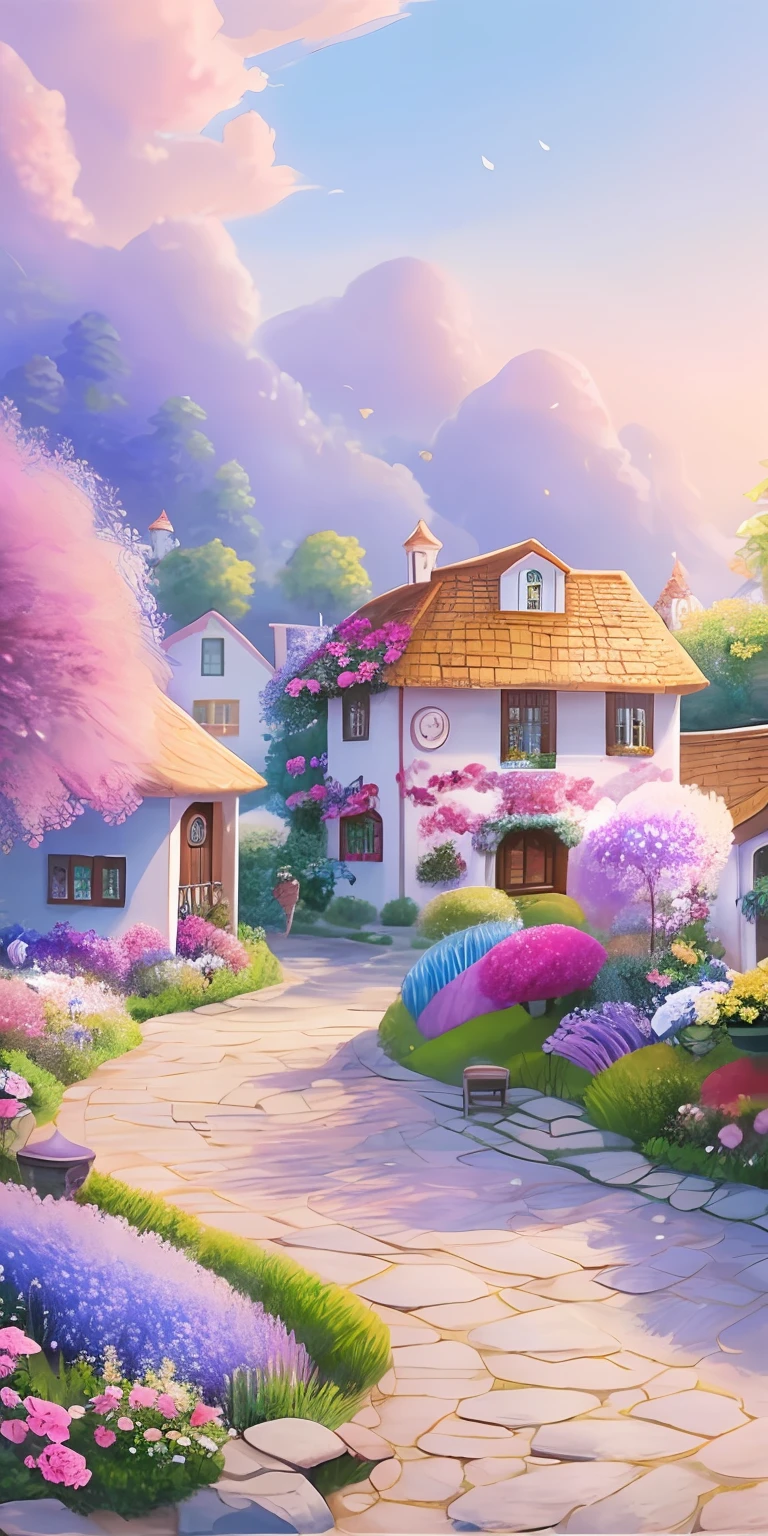 Draw a garden with many flowers in the middle, A beautiful artwork illustration, whimsical fantasy landscape art, landscape artwork, detailed soft painting, Beautiful digital artwork, bubbly scenery, scenery art detailed, author：Igor Grappa, Detailed scenery —width 672, floral environment, beautiful digital painting, dream scenery art, a bustling magical town, magical village