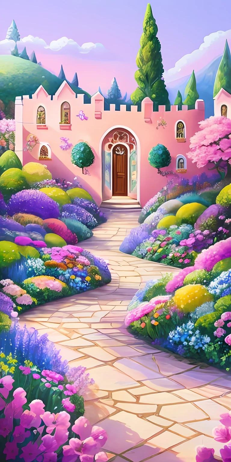 Draw a garden with many flowers in the middle, A beautiful artwork illustration, whimsical fantasy landscape art, landscape artwork, detailed soft painting, Beautiful digital artwork, bubbly scenery, scenery art detailed, author:Igor Grappa, Detailed scenery —width 672, floral environment, beautiful digital painting, dream scenery art, a bustling magical town, magical village