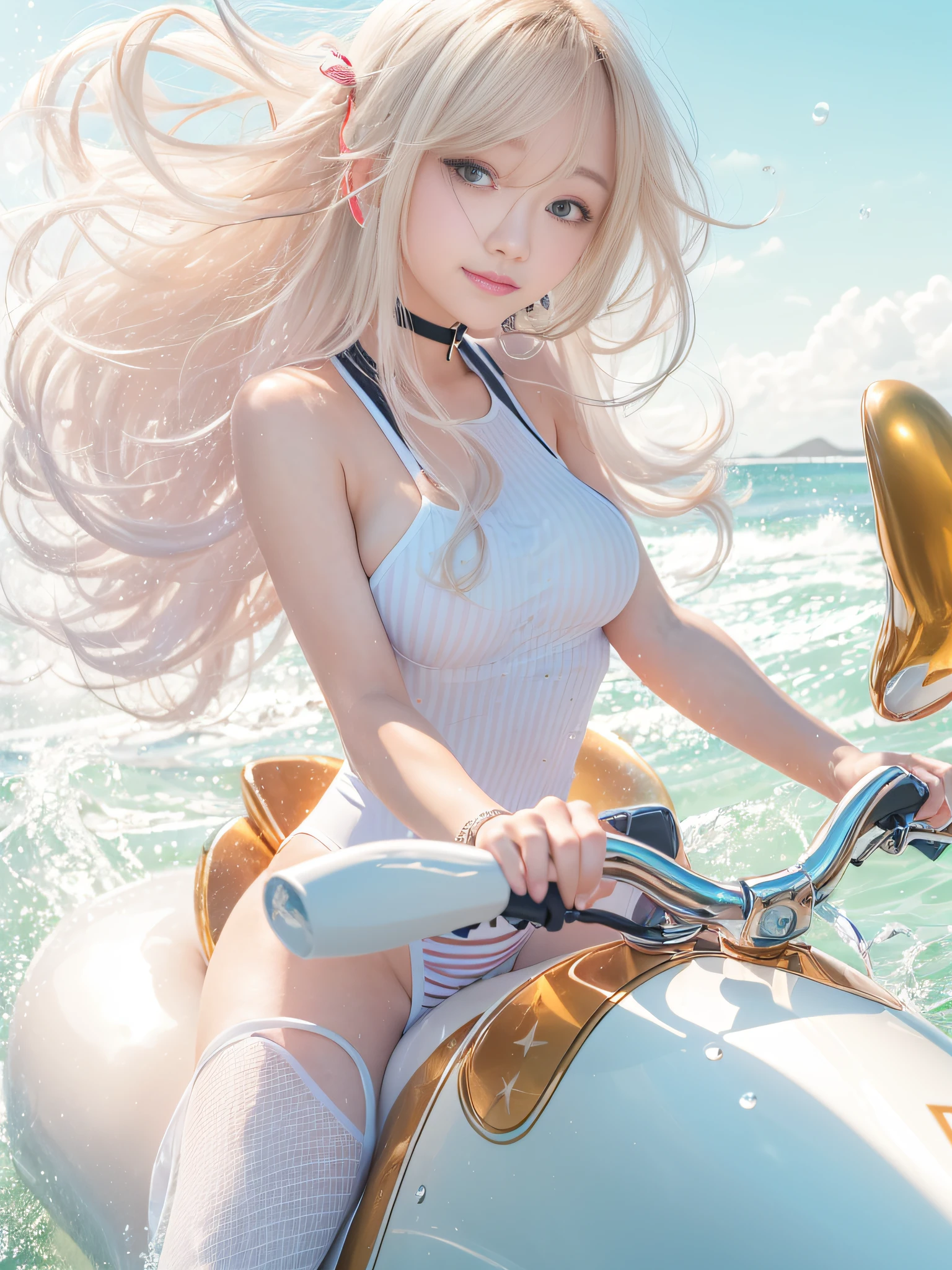 top-quality、超A high resolution、女の子1人、Wearing a white swimsuit、(huge-breasted:1.2)、high-heels, Riding a pink motorcycle, Blonde short hair, , Photo, The background is the sea,Live action,japanes,独奏,Beautiful expression,White stockings,beautiful smiling face,perfect body type,blue-sky,Wave droplets,Red ribbon in hair