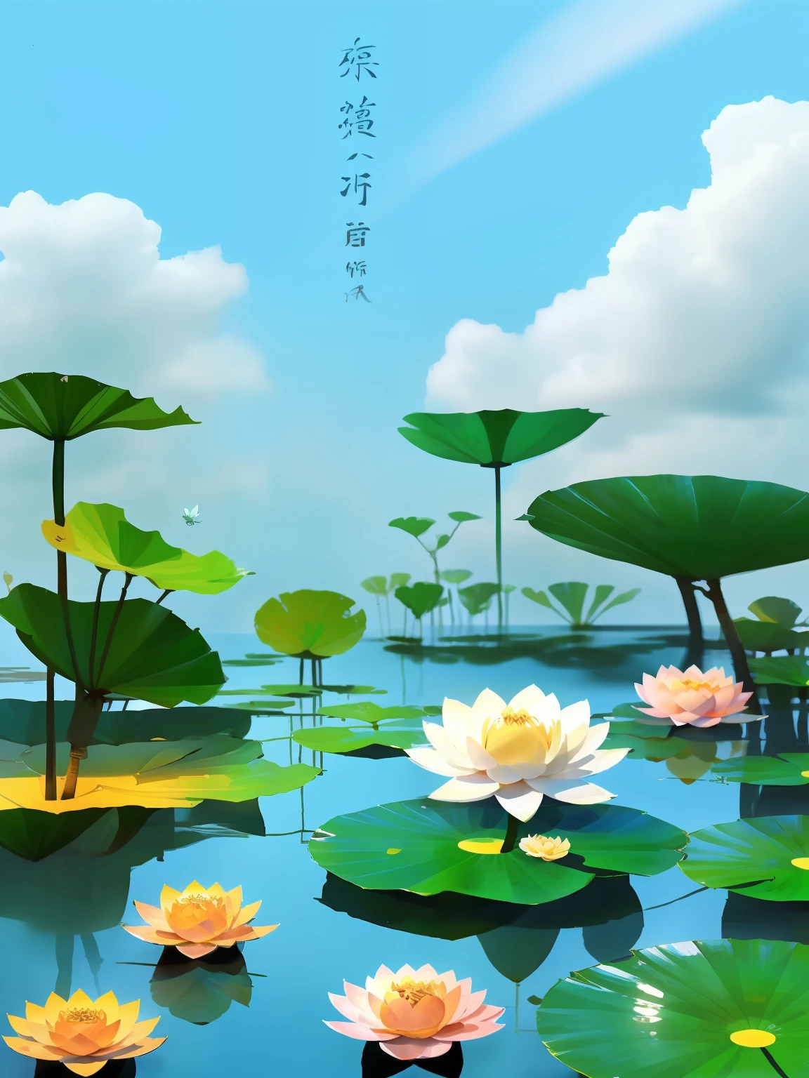 夏天,Medium volts,Lotus flowers in bloom,Tall lotus leaves,Clear amber,water melon,The fish,Water,down view,Sunnyday,with blue sky and white clouds