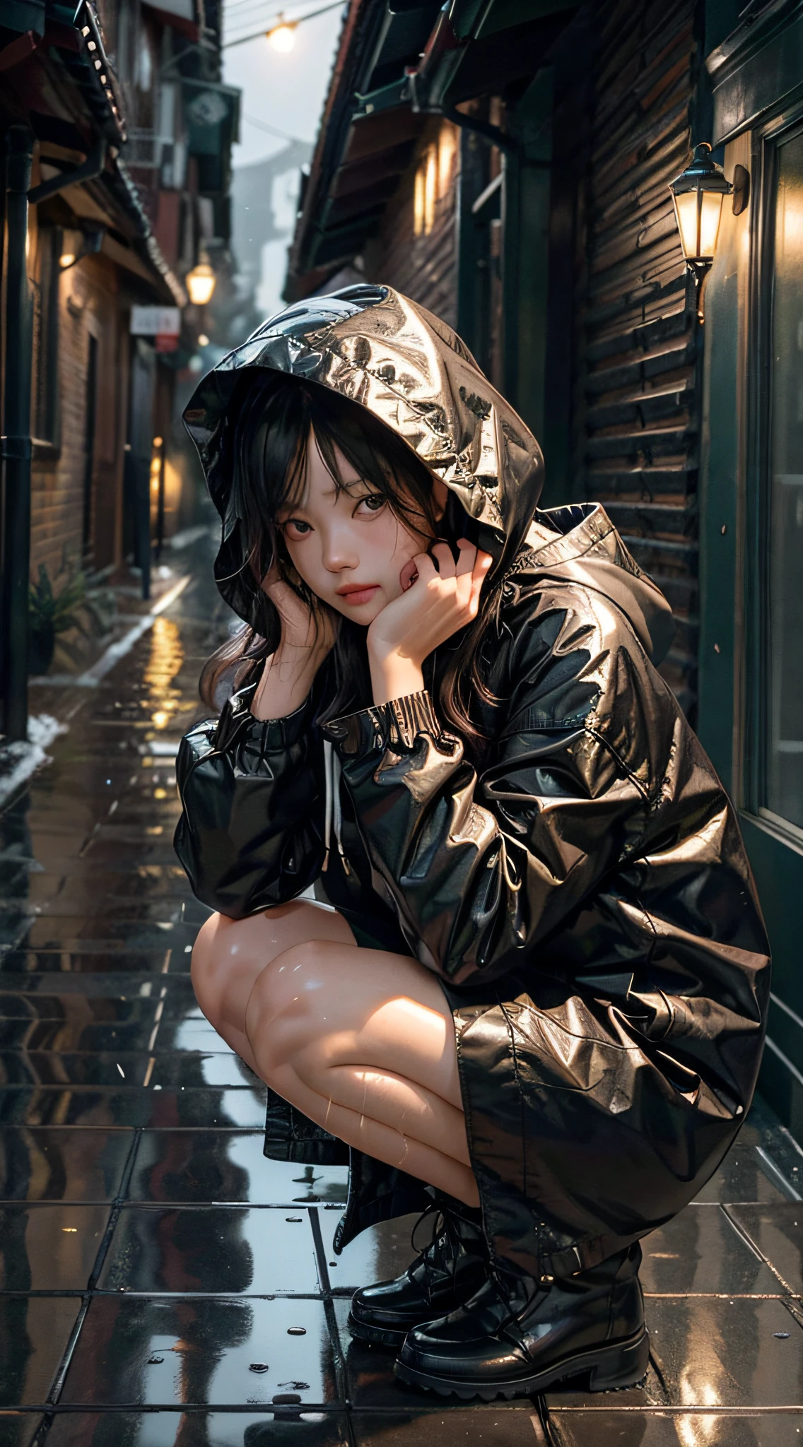 （tmasterpiece：1.2，best qualtiy），（Real pictures，intricately details），（the night，darkly，heavy rain poured：1.4）
The alley was empty，the surroundings were silent，only the raindrops sprinkled on the tile eaves of the low houses near and far，making a slight rustling sound。In the cold rain，（1girll，Wet hooded jacket，grieves，weeping，perfect  eyes：1.2）squatting on the ground，stocklings