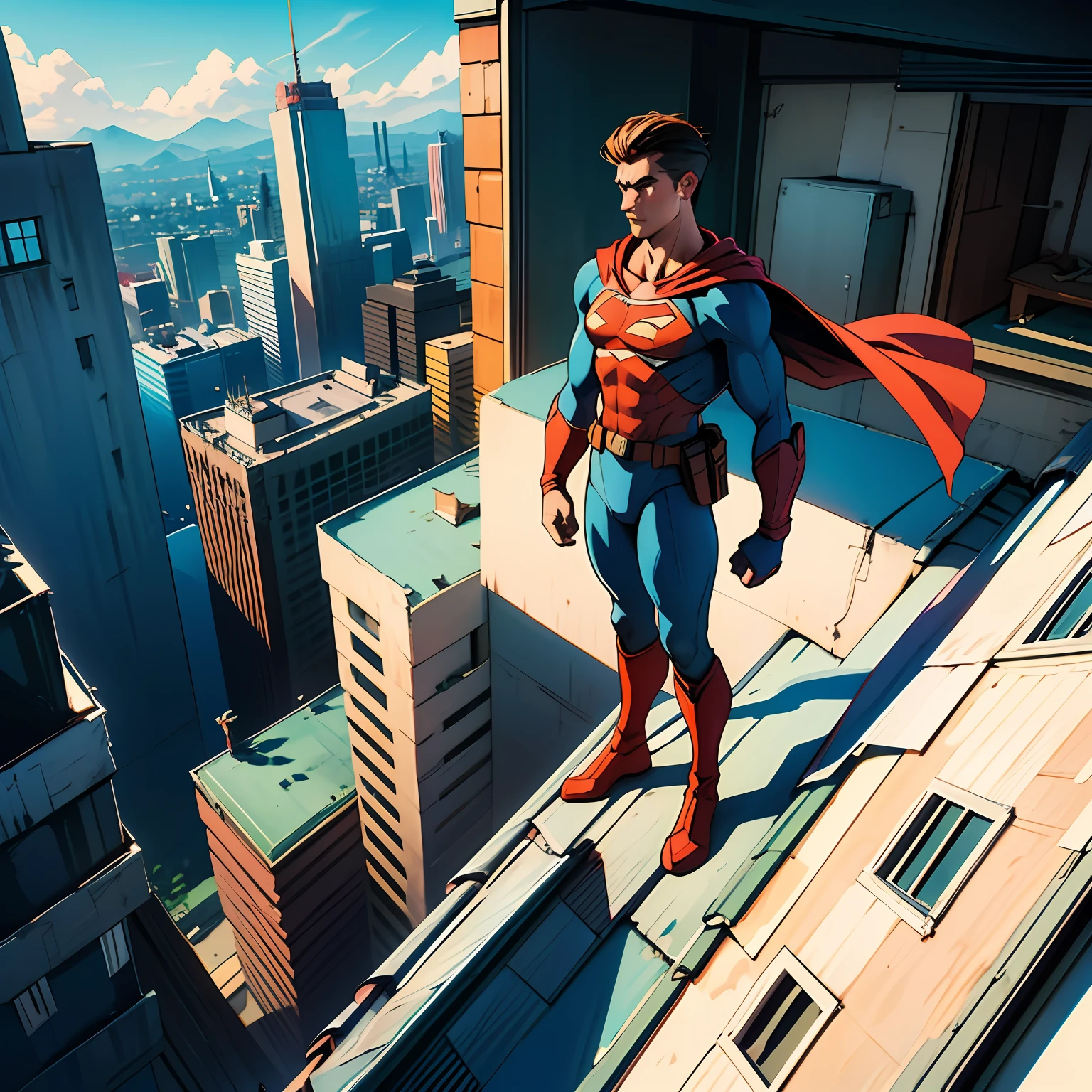 A close-up of a superhero in a blue tights,Stand on the roof of the building,Overlooking the bustling city,super heroes,large tall,mighty,male people, --auto