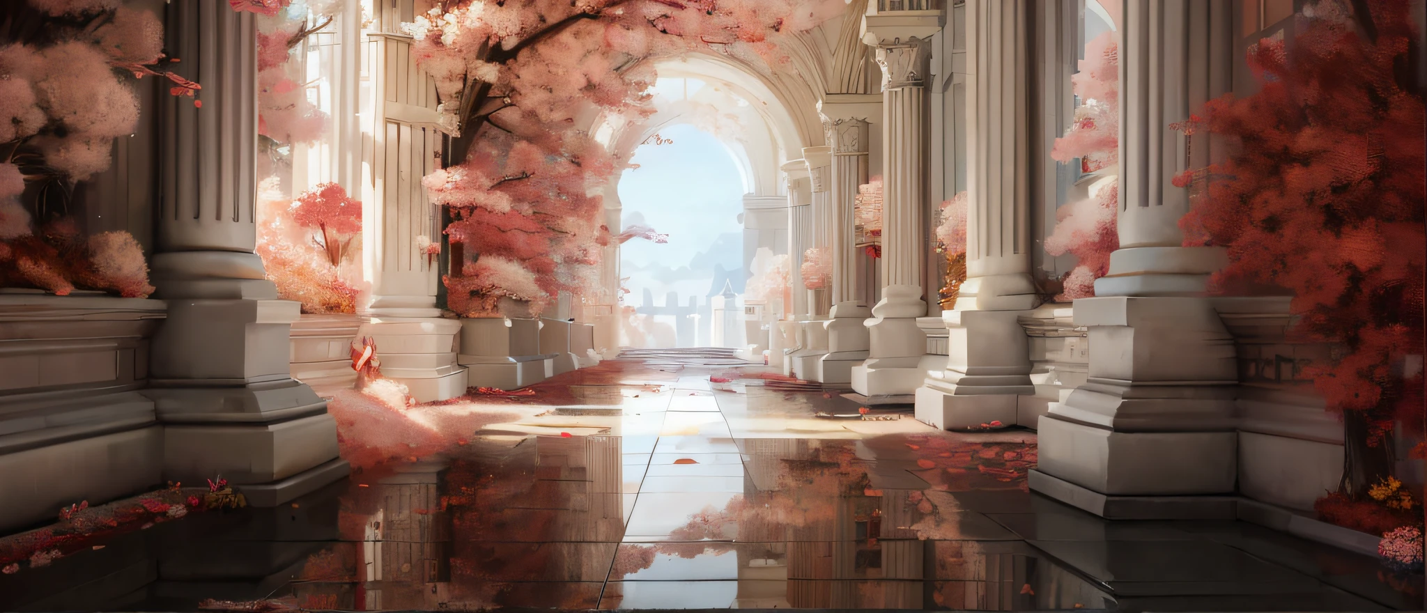 There is a large arch，There is a tree in the middle, blossoming path to heaven, illusory engine ; romantic motifs,, Huge pillars and flowers, beautiful render of a fairytale, palace background, entrance to ethereal realm, portal to the ethereal realm, floral environment, Magical environment, hallway landscape, paradise background, Realistic fantasy rendering,8K quality，ultra-realistic realism