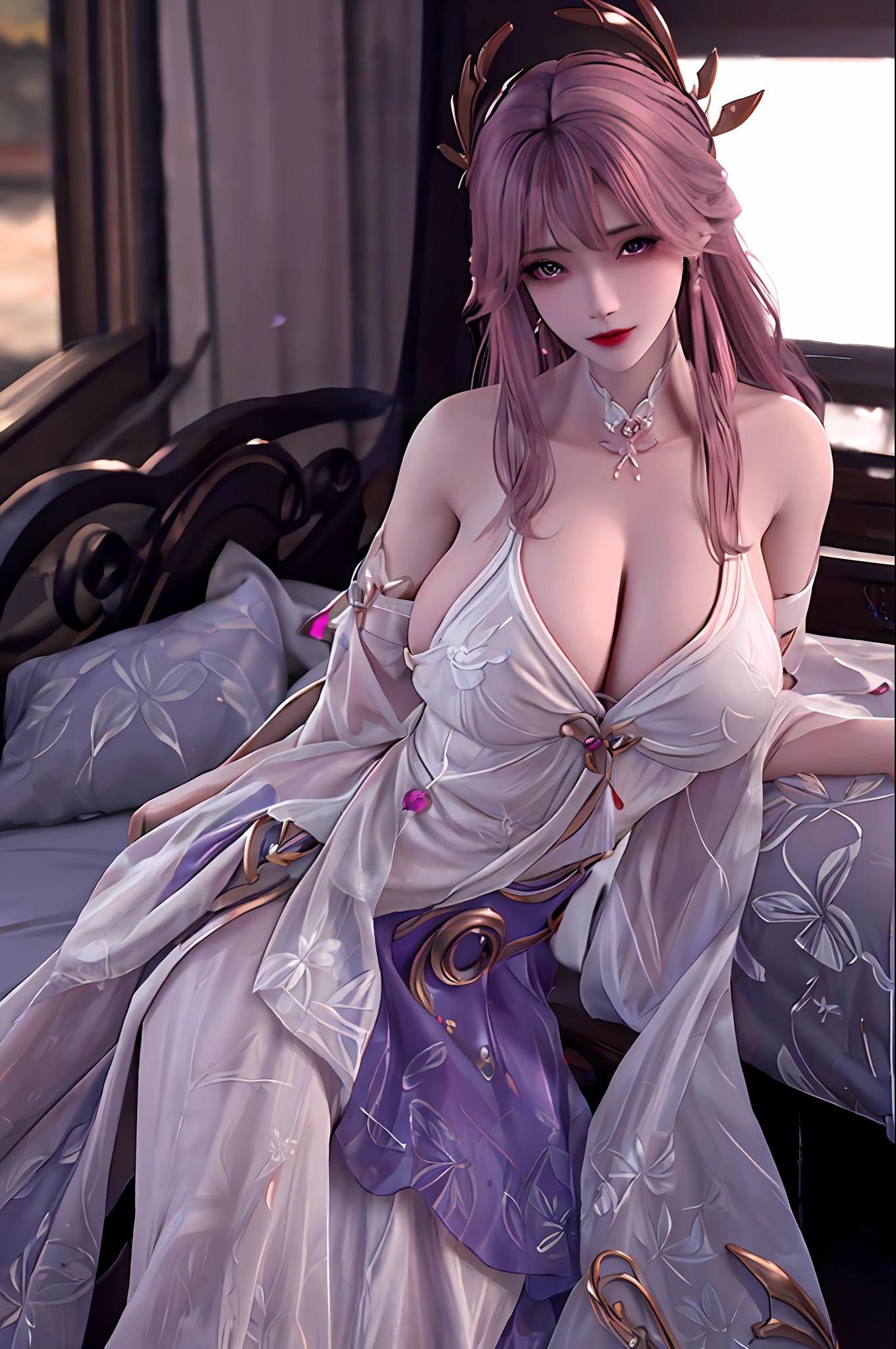 delicated best quality ,masterpiece, illustration, an extremely delicate and beautiful, anatomically accurate, extremely detailed ,CG ,unity ,8k wallpaper, Amazing, finely detail, masterpiece,best quality,official art,extremely detailed CG unity 8k wallpaper,absurdres, incredibly absurdres, huge filesize , ultra-detailed, highres, extremely detailed,beautiful detailed girl, extremely detailed eyes and face, beautiful detailed eyes,light on face,1girl, (body:1.3), (Super realistic), (((pink hair))), Long hair, (purple eyes), ((jewelry)), (((describe the arm in detail))), (((Super boobs))), ((Big ass)), ((thighs)), ((Plump body)), (Big breasts), ((Plump boobs)),, (detailed description of hair), (ruby necklace), (gem earrings),,
(Bare shoulder), ((collarbone)), (Shiny skin), (detailed description of face), (detailed description of body), (white and translucent skin), peerless beauty, (extreme beauty), (red lips), (shy ), ( smile), ((facing the viewer)), ((facing)), ((cherry blossom)), (falling petal), ((sexy nightgown )), thin silk, penetration, (bed), ((any pose))