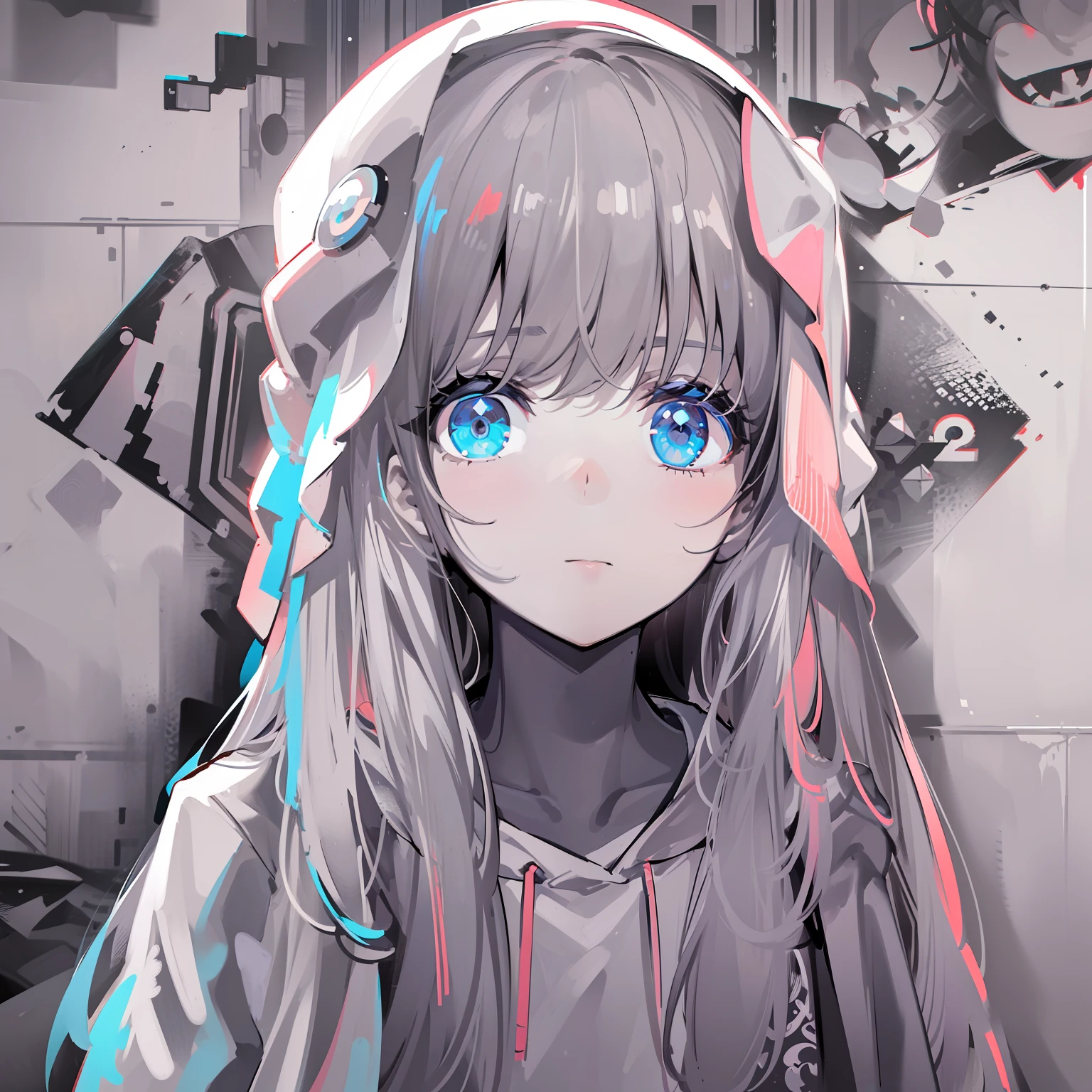 (best quality, masterpiece), Glitch screen filter, (1girl, solo, hood, expression face, standing, looking at viewer, cap, blue eyes, long straight hair, closed mouth, upper body,), (Monochrome, multicolored carved circle, white wall),