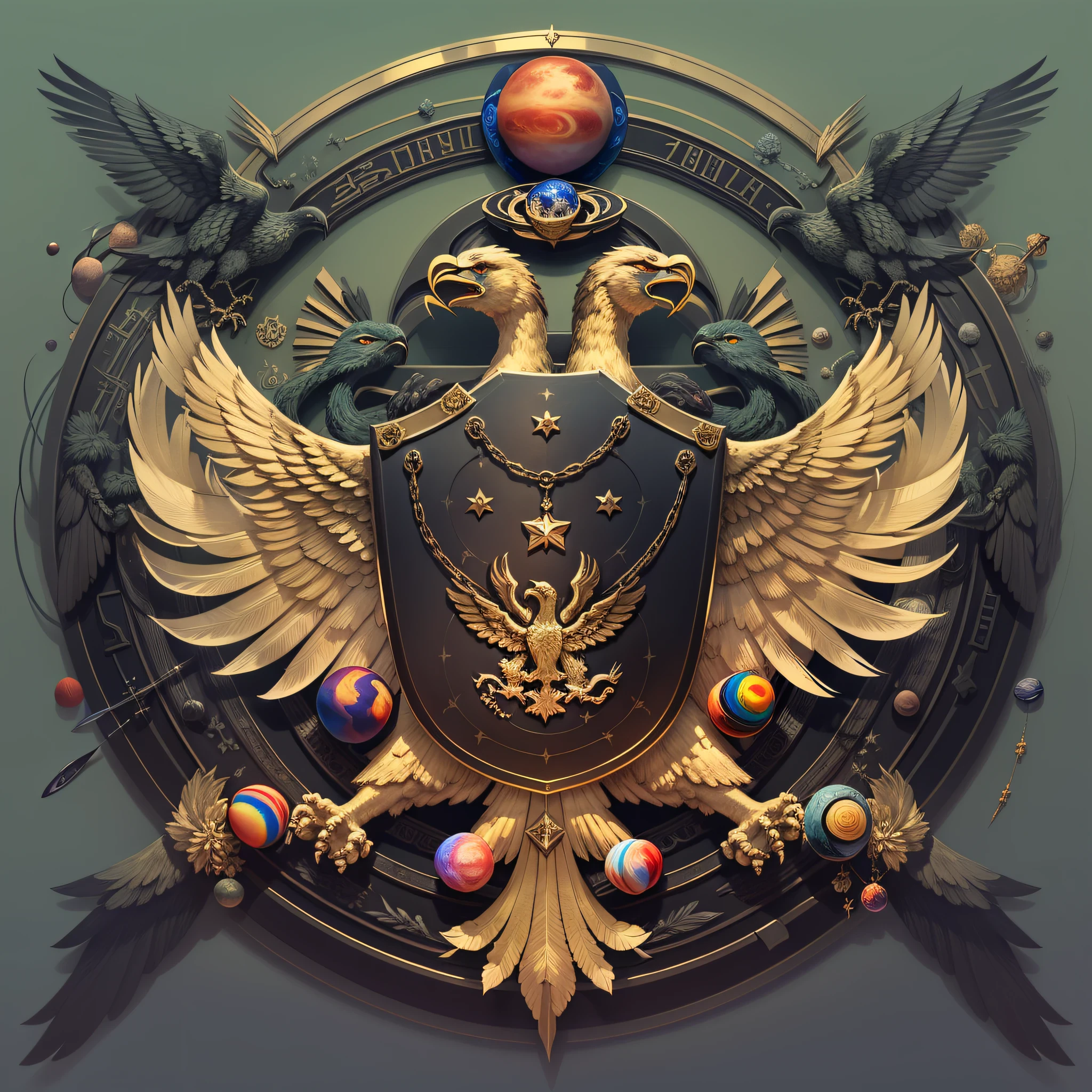 A futuristic representation of the Russian Federation's coat of arms. A sleek black shield adorned with a golden double-headed eagle, (encircled by seven planets:1.4)