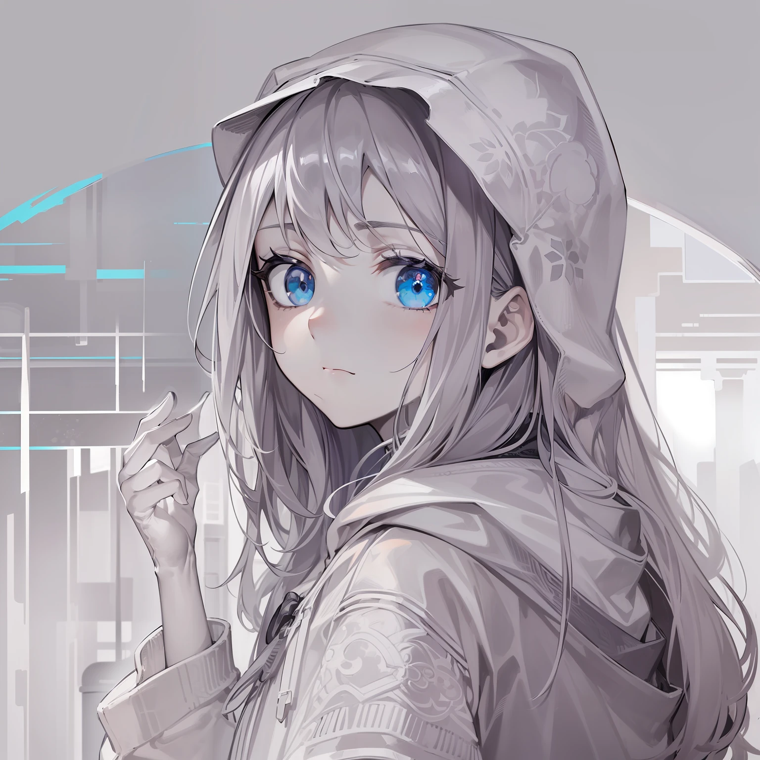 (best quality, masterpiece), Glitch screen filter, (1girl, solo, hood, expression face, standing, looking at viewer, cap, blue eyes, long straight hair, closed mouth, upper body,), (Monochrome, multicolored carved circle, white wall),