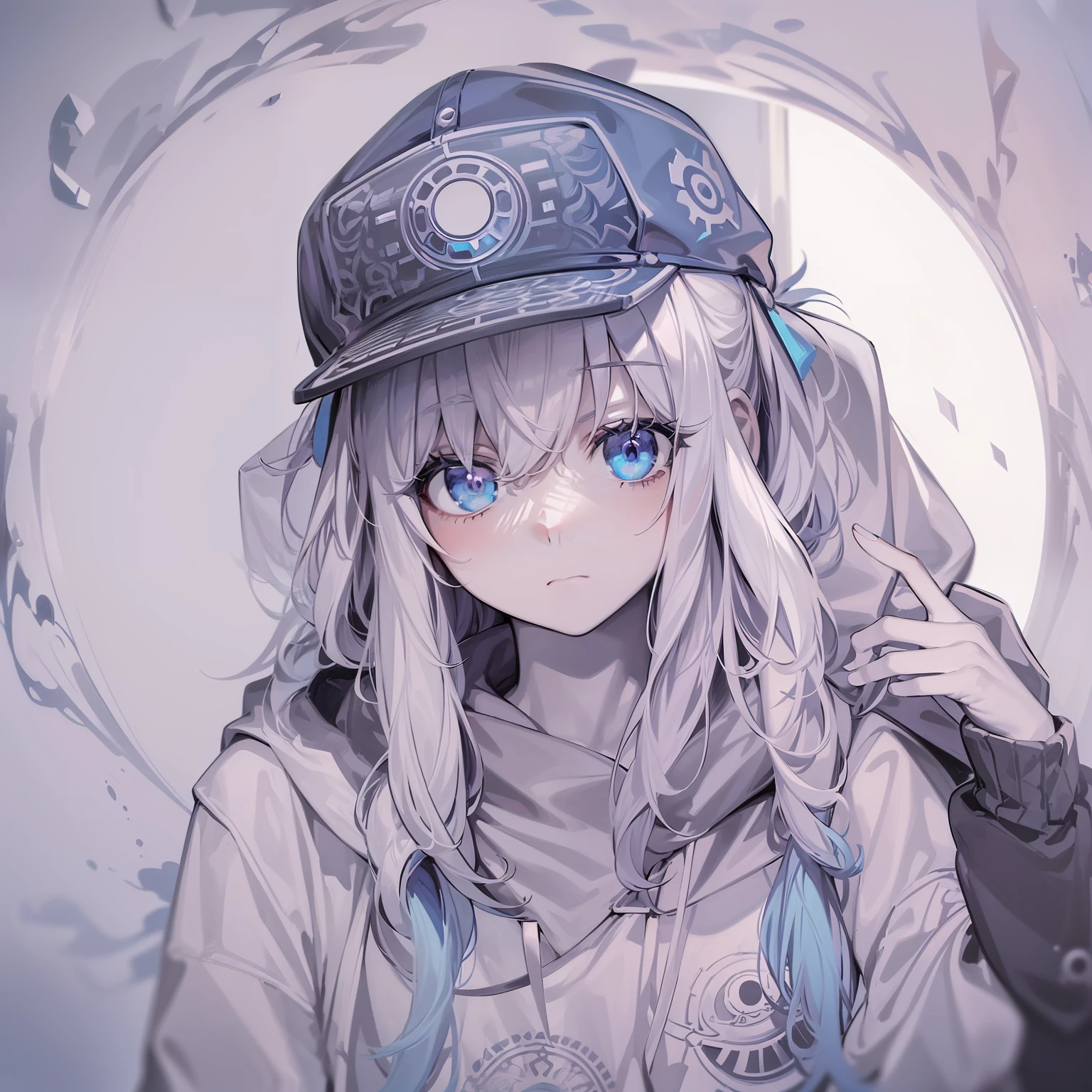 (best quality, masterpiece), Glitch screen filter, (1girl, solo, hood, expression face, standing, looking at viewer, cap, blue eyes, long straight hair, closed mouth, upper body,), (Monochrome, multicolored carved circle, white wall),