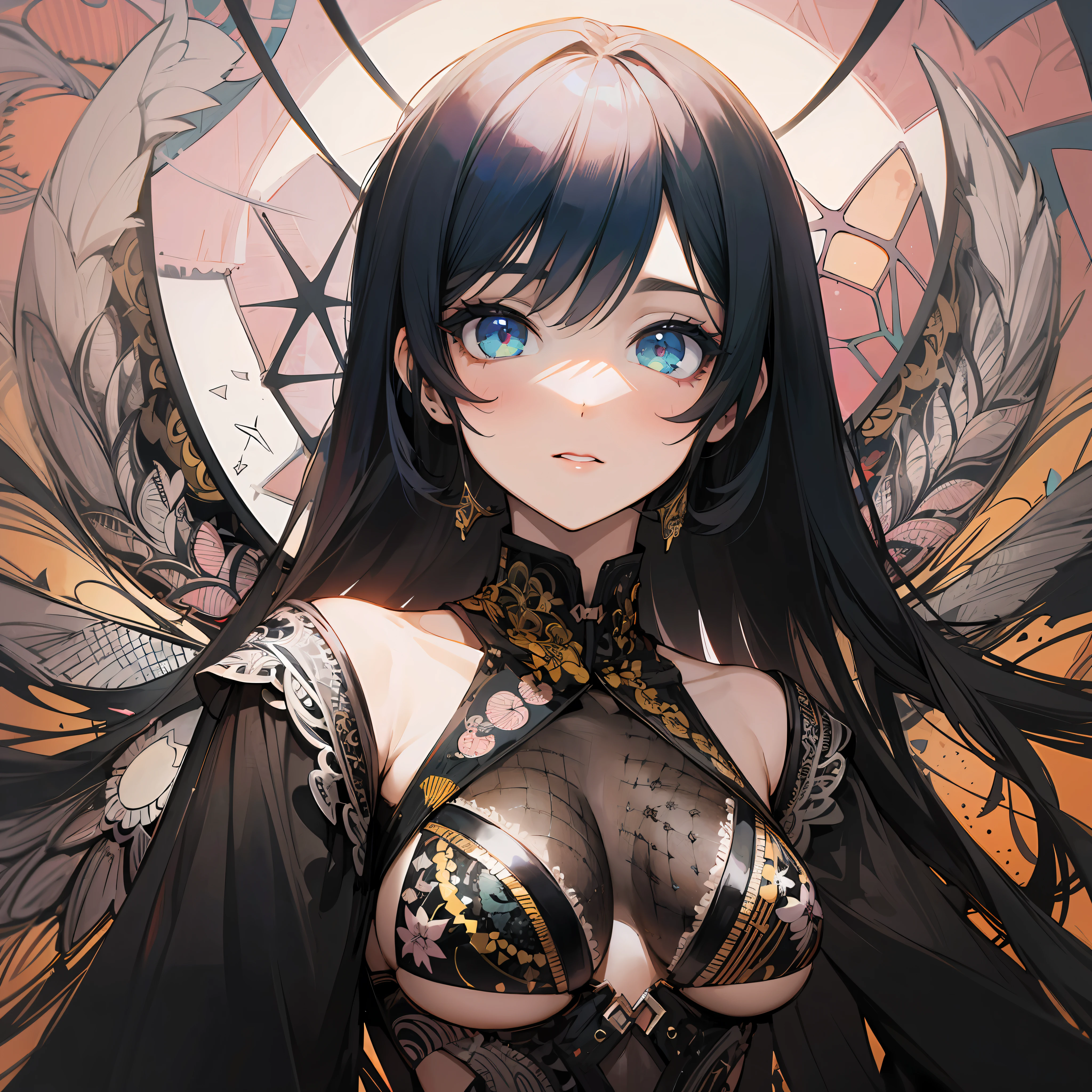 (maximalism:1.5), (absurderes:1.5), (hight resolution), (Best Quality:1.1), (Ultra-detailed:1.1), (extremely delicate and beautiful), 1 girl, Beautiful face, (Detailed face), Best Quality, portfolio, Angel、Crystal clear black hair、Longhaire、flat breast、Black Gothic Dress、Devil's wings on the back、Black sky、Darkness is wriggling、high-level image quality、Glitter、(Zentangle:1.5), (Kaleidoscope:1.2), paper_cut