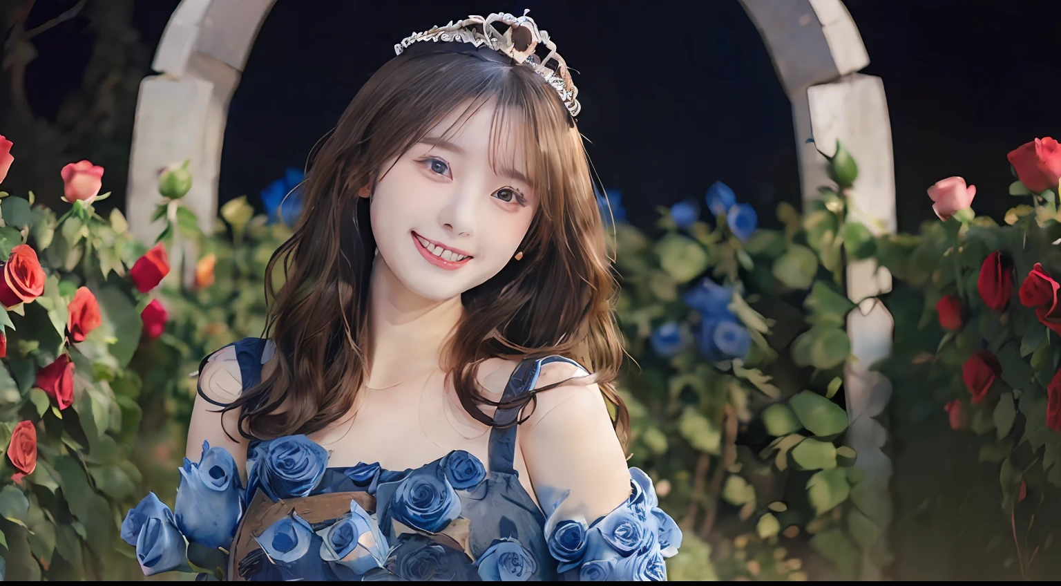 best quality, masterpiece, ultra high res, (photorealistic:1.4), RAW photo,cinematic lighting,(a japanese girl:1.5),solo,20 years old,big breasts,(detailed beautiful face:1.5),(real skin:1.5),(slender,thin legs:1.3),(big eyes:1.3),(smiling:1.3),(brown wavy hair:1.5),(Princess,gorgeous dress,tiara:1.5),BREAK(in garden,arch blue roses:1.8),(millions of blue rose flowers:1.5),(gate decorated with roses:1.8),(circle of roses:1.5),