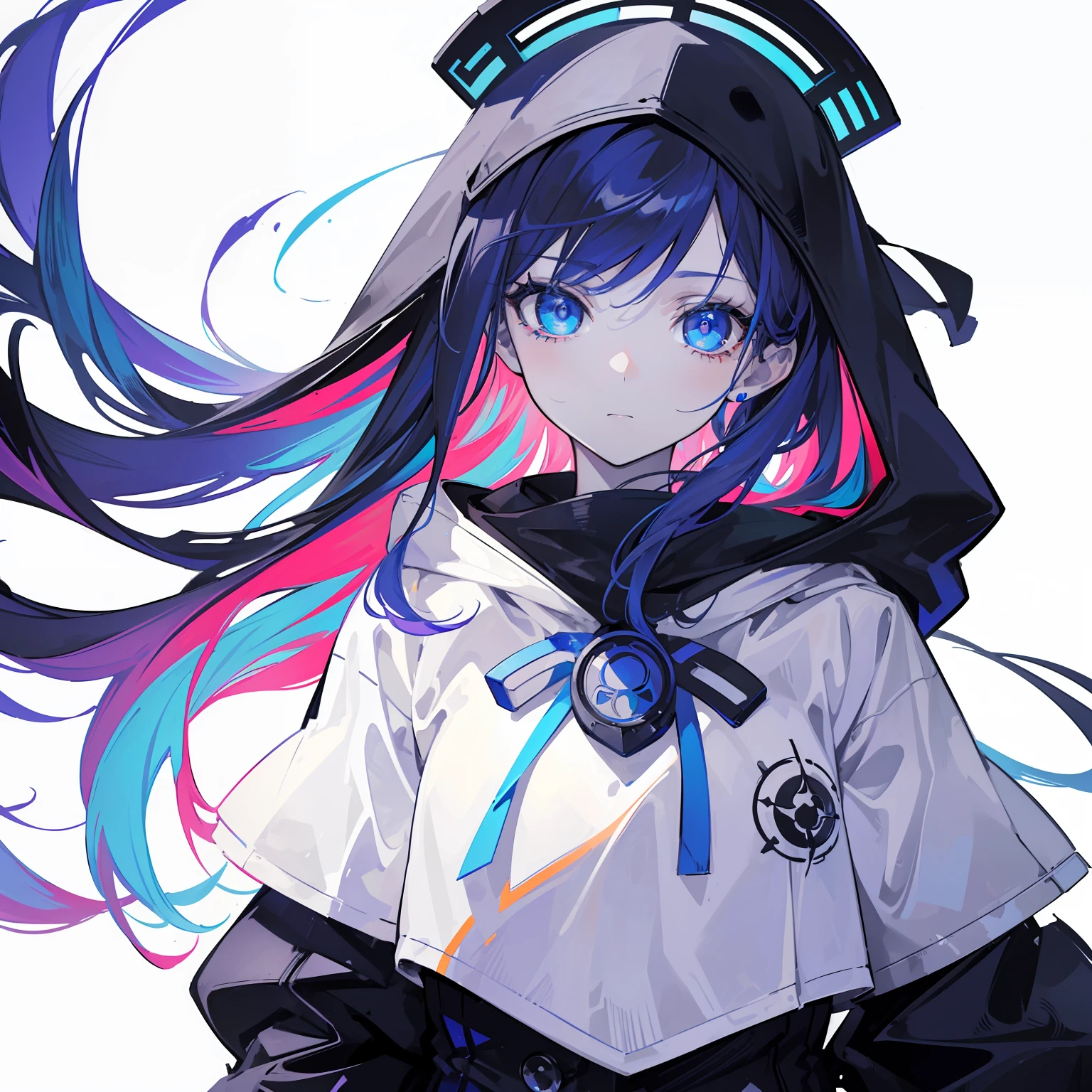 (best quality, masterpiece), Glitch screen filter, (1girl, solo, hood, expression face, standing, looking at viewer, cap, blue eyes, long straight hair, closed mouth, upper body,), (Monochrome, multicolored carved circle, white wall),