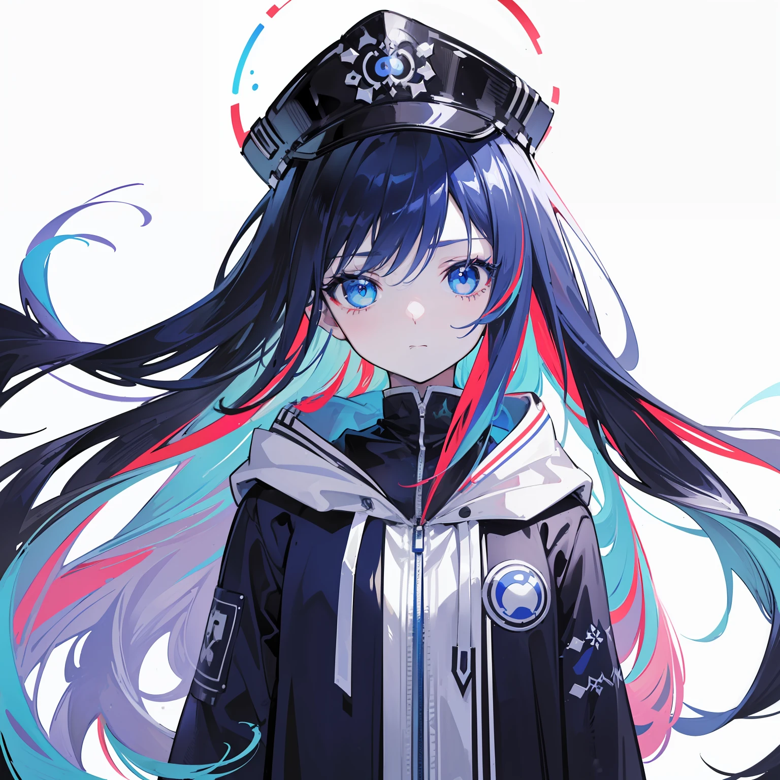 (best quality, masterpiece), Glitch screen filter, (1girl, solo, hood, expression face, standing, looking at viewer, cap, blue eyes, long straight hair, closed mouth, upper body,), (Monochrome, multicolored carved circle, white wall),