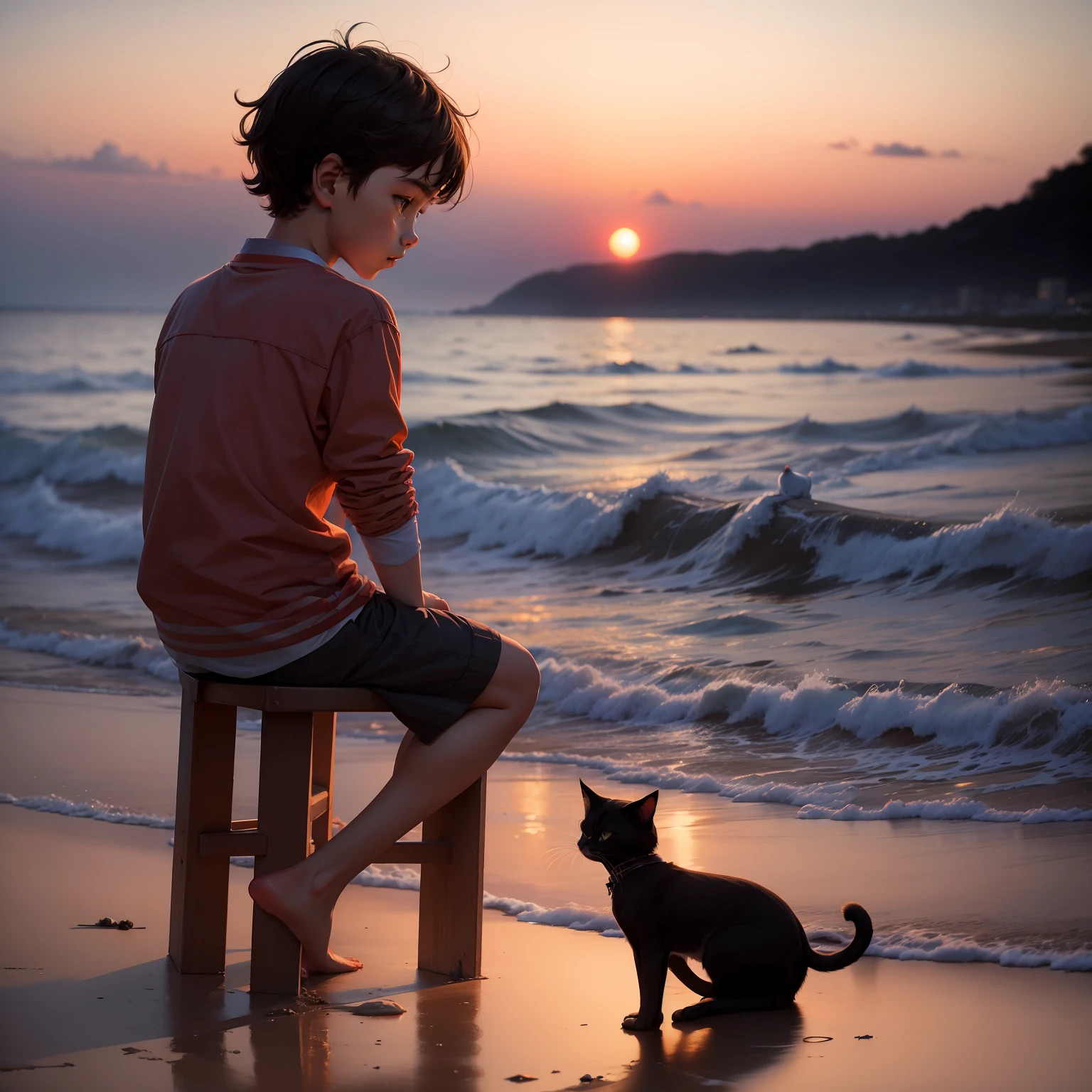 Boy and cat waiting for sunrise on the beach --auto