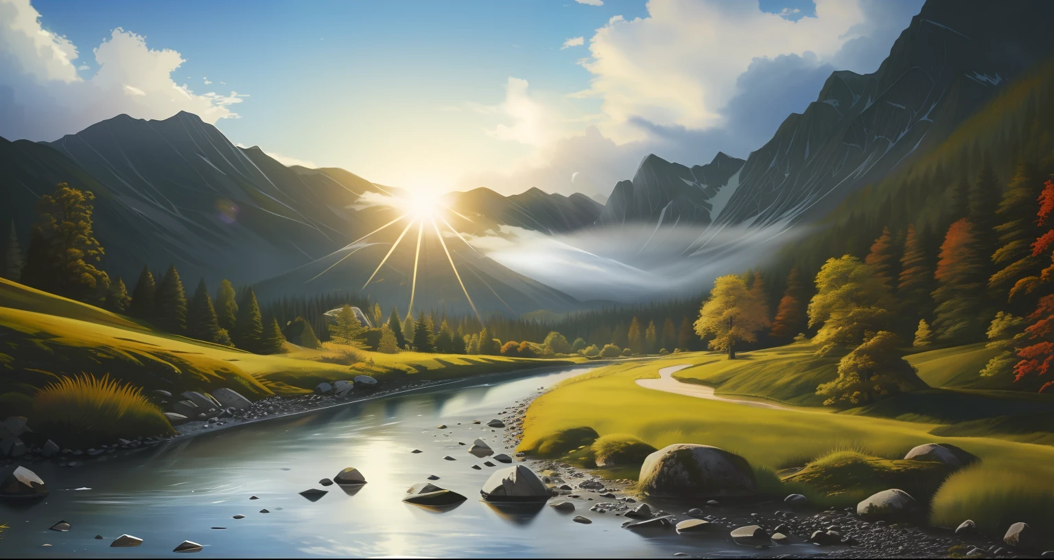 detailed background, masterpiece, best quality, landscape, mountains, river, forest, sun, day, clouds