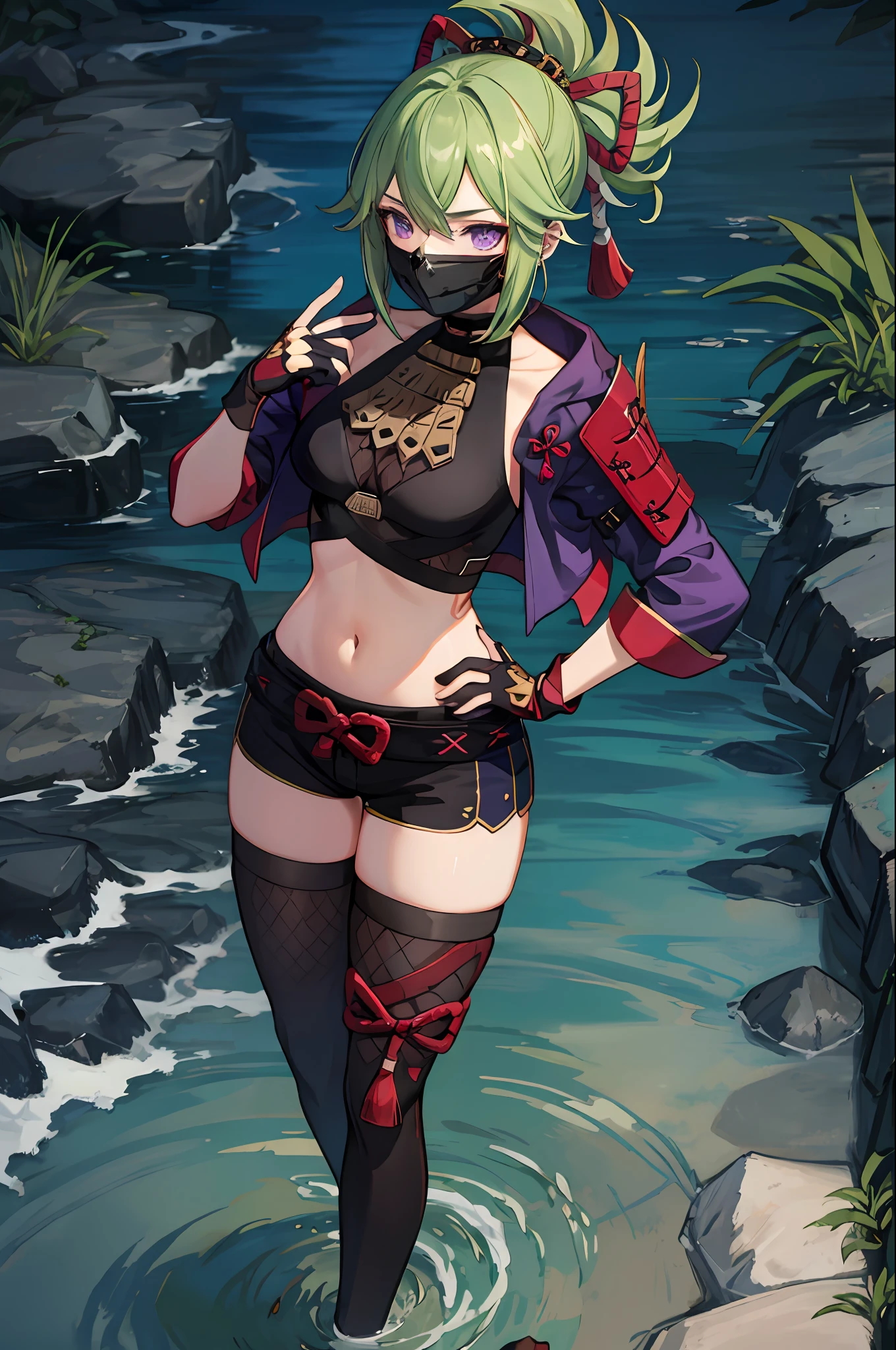 masterpiece, best quality, KShinobuV4, 1girl, solo, breasts, looking at viewer, thighhighs, gloves, navel, hair between eyes, standing, outdoors, standing on stone, sea, water, night, jacket, cowboy shot, from above, shorts, midriff, stomach, armor, crop top, hand on hip, short shorts, mask, black shorts, fishnets, rope, cropped jacket, mouth mask, purple jacket, fishnet top, ninja mask,