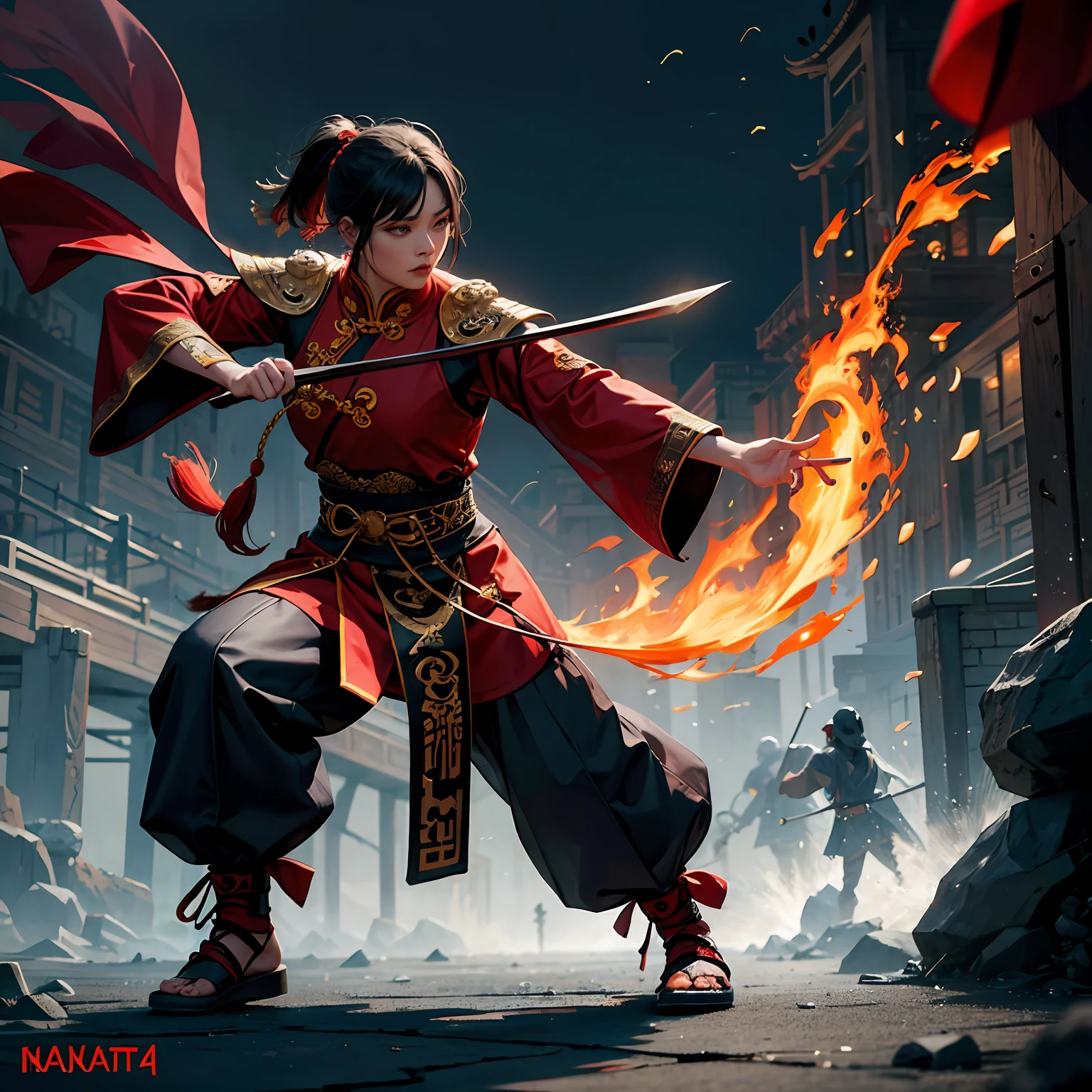 Skull, fire eyes, wearing traditional chinese martial arts clothes, holding Chinese weapons, angry, full body: 1.2, fighting, punching, detailed images, artistic images, creepy lights, it's raining --auto