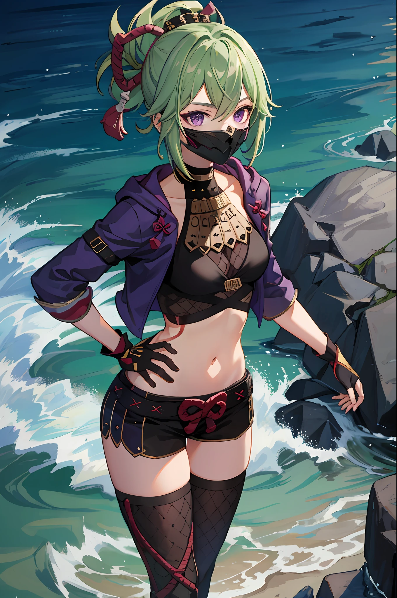 masterpiece, best quality, KShinobuV4, 1girl, solo, breasts, looking at viewer, thighhighs, gloves, navel, hair between eyes, standing, outdoors, standing on stone, sea, water, night, jacket, cowboy shot, from above, shorts, midriff, stomach, armor, crop top, hand on hip, short shorts, mask, black shorts, fishnets, rope, cropped jacket, mouth mask, purple jacket, fishnet top, ninja mask,