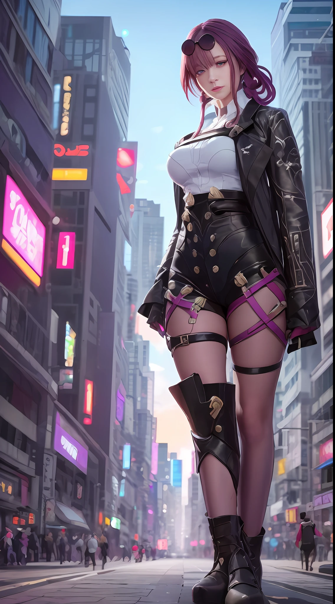 masterpiece, best quality, purple hair, (purple eyes), light, realistic, photo, science_fiction, huge_filesize, in the cyberpunk city, steam, masterpiece,best quality,official art, extremely detailed CG unity 8k wallpaper, girl, solo, bishoujo, incredibly_absurdres, big breasts, full body