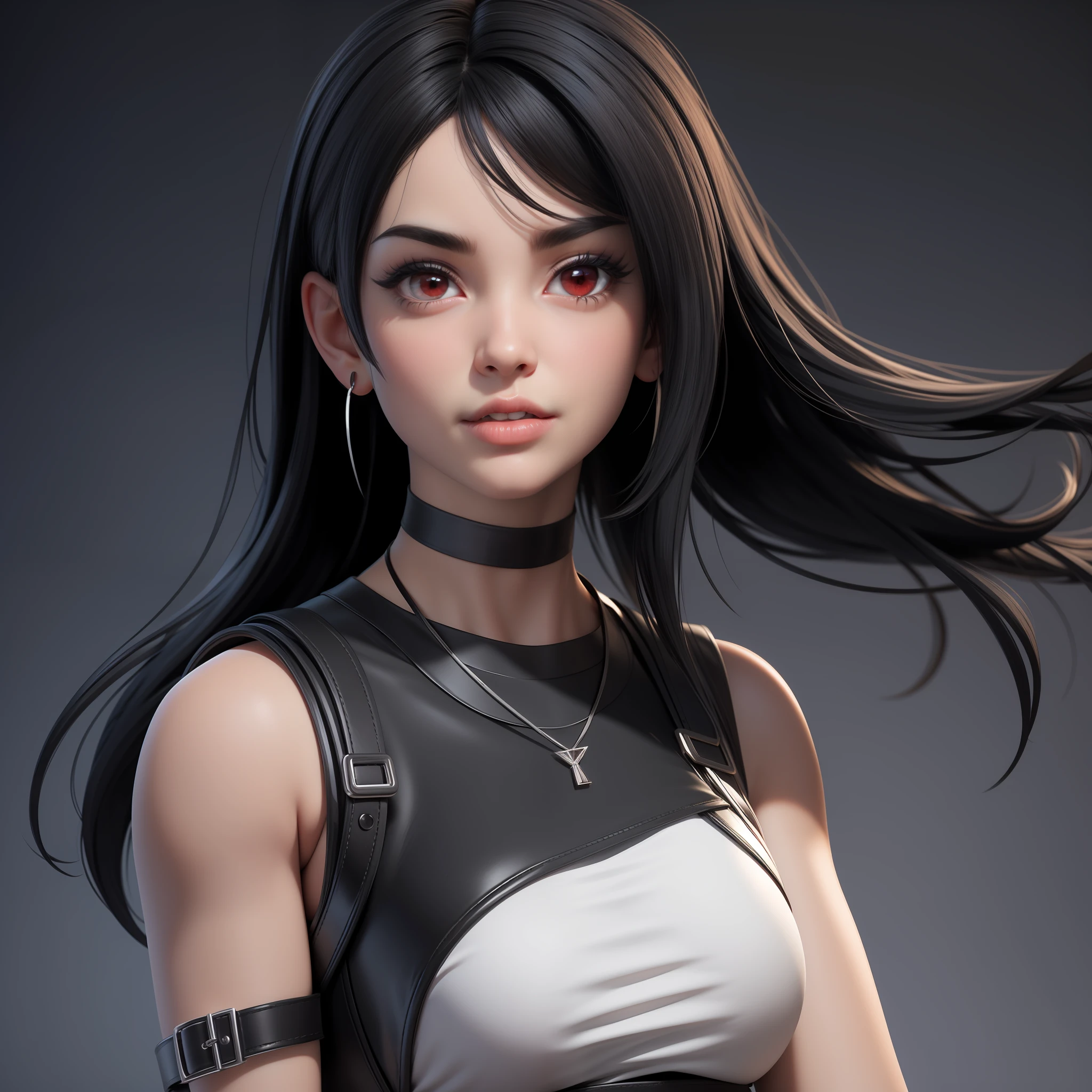 masterpiece, best quality,3d rending work ,3DMM style,close-up,portrait, 3D,1girl, solo, black hair, necklace, jewelry, looking to the side, realistic, upper body, simple background, bangs, looking away, long black hair, parted lips, choker, makeup, mole, white tank top, red eyes, tifa lockhart