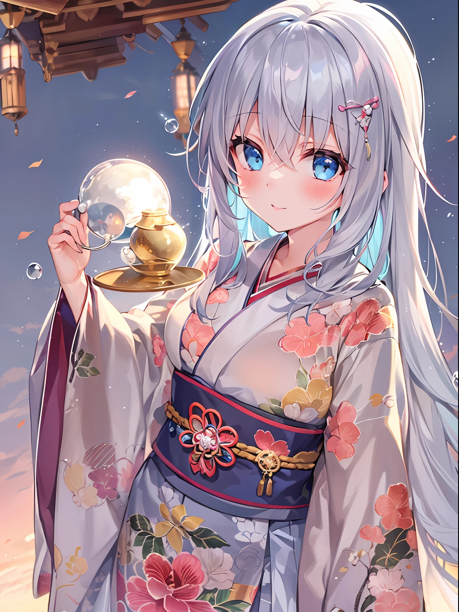 1girl, silver medium hair, sky blue eyes, kimono skirt, shrine, cute, blush, medium breast, sunset, best quality++, highest quality++